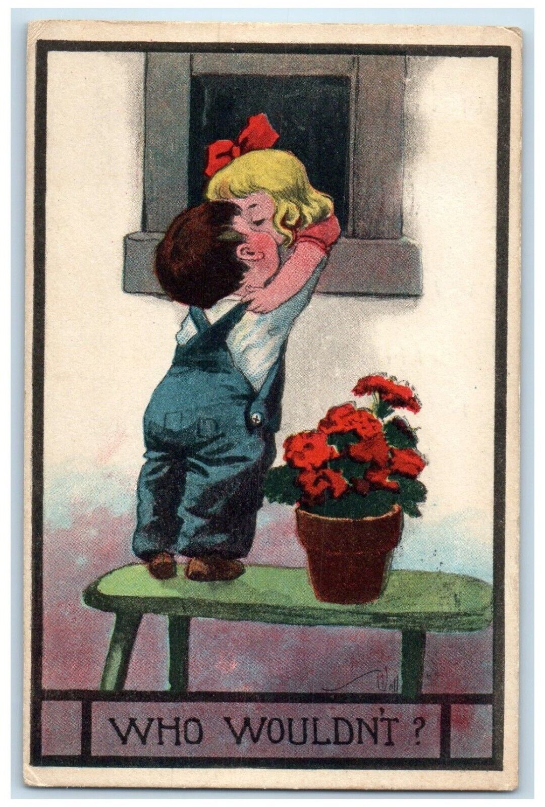 1913 Little Sweetheart Kissing On Window Flowers Wall Minneapolis MN Postcard