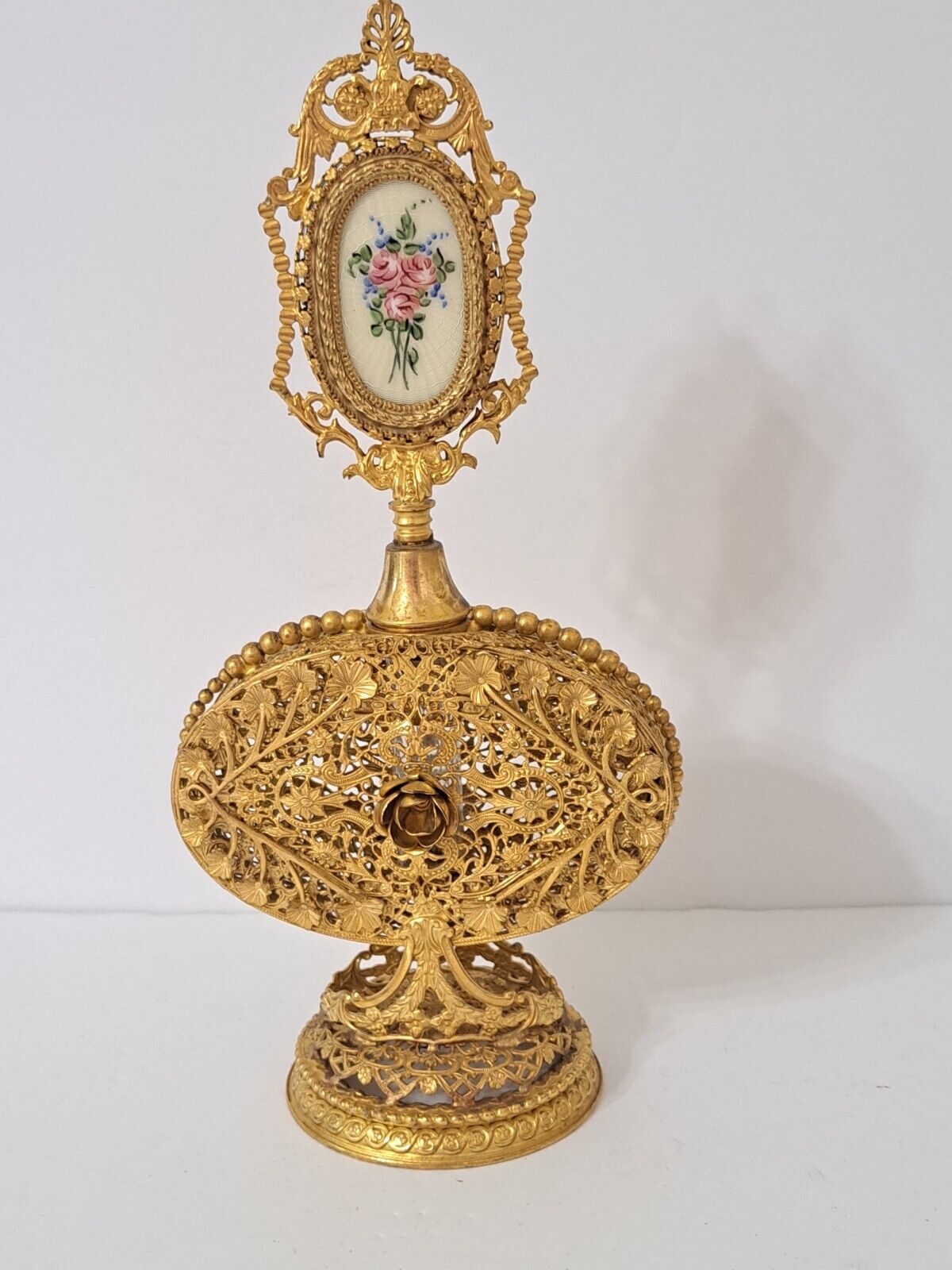 Vintage Matson Ornate Gold Gilt Filigree Ormolu Rose Glass Perfume Bottle