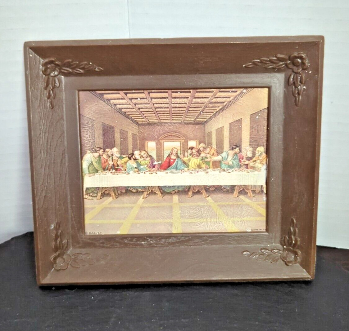 Vtg Nu-Dell Corp Lithograph Last Supper Wall Hanging, Hard Plastic Frame, 1960s