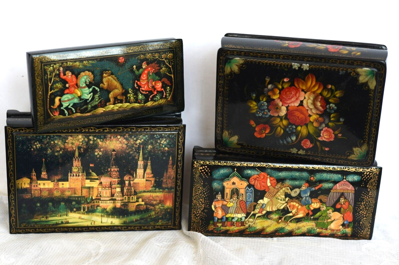 Lot of 4 Russian Hand Painted Black Lacquer Signed Trinket Boxes Red Interior