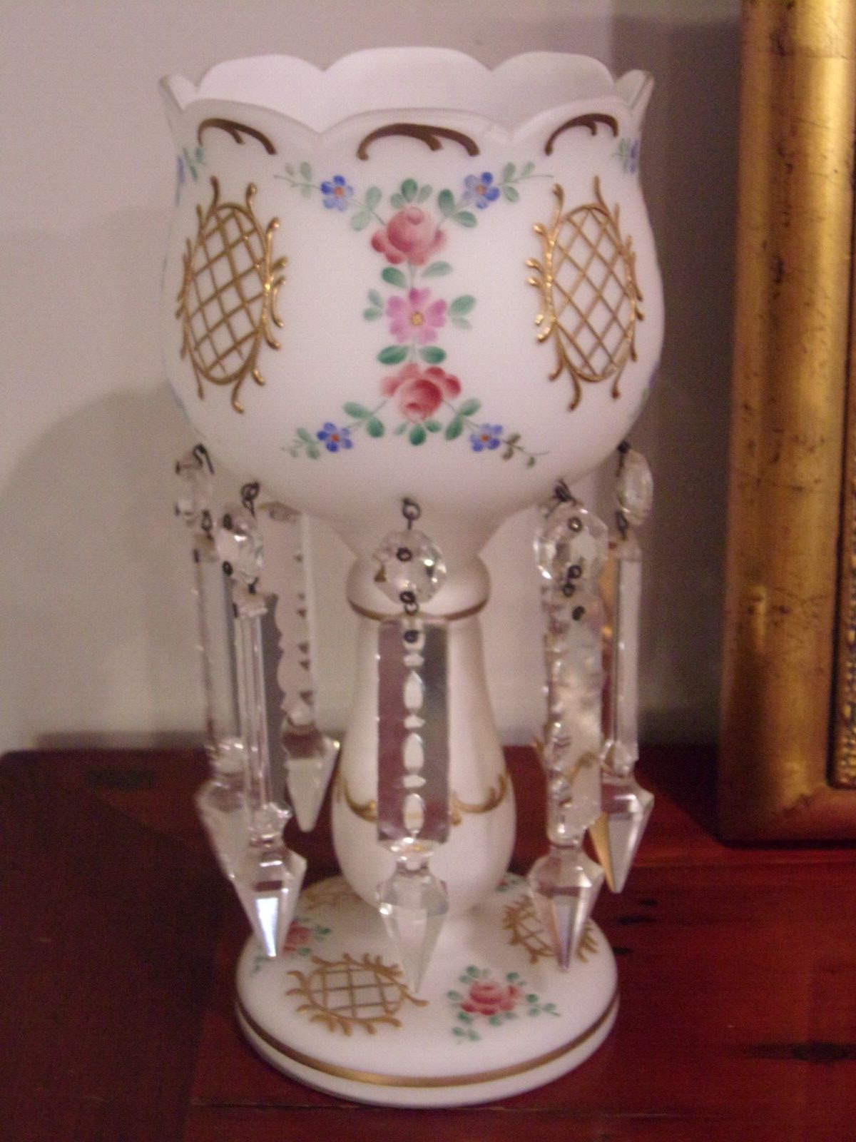 Vintage Mantle Luster White Cased Glass Hand Painted Enameled