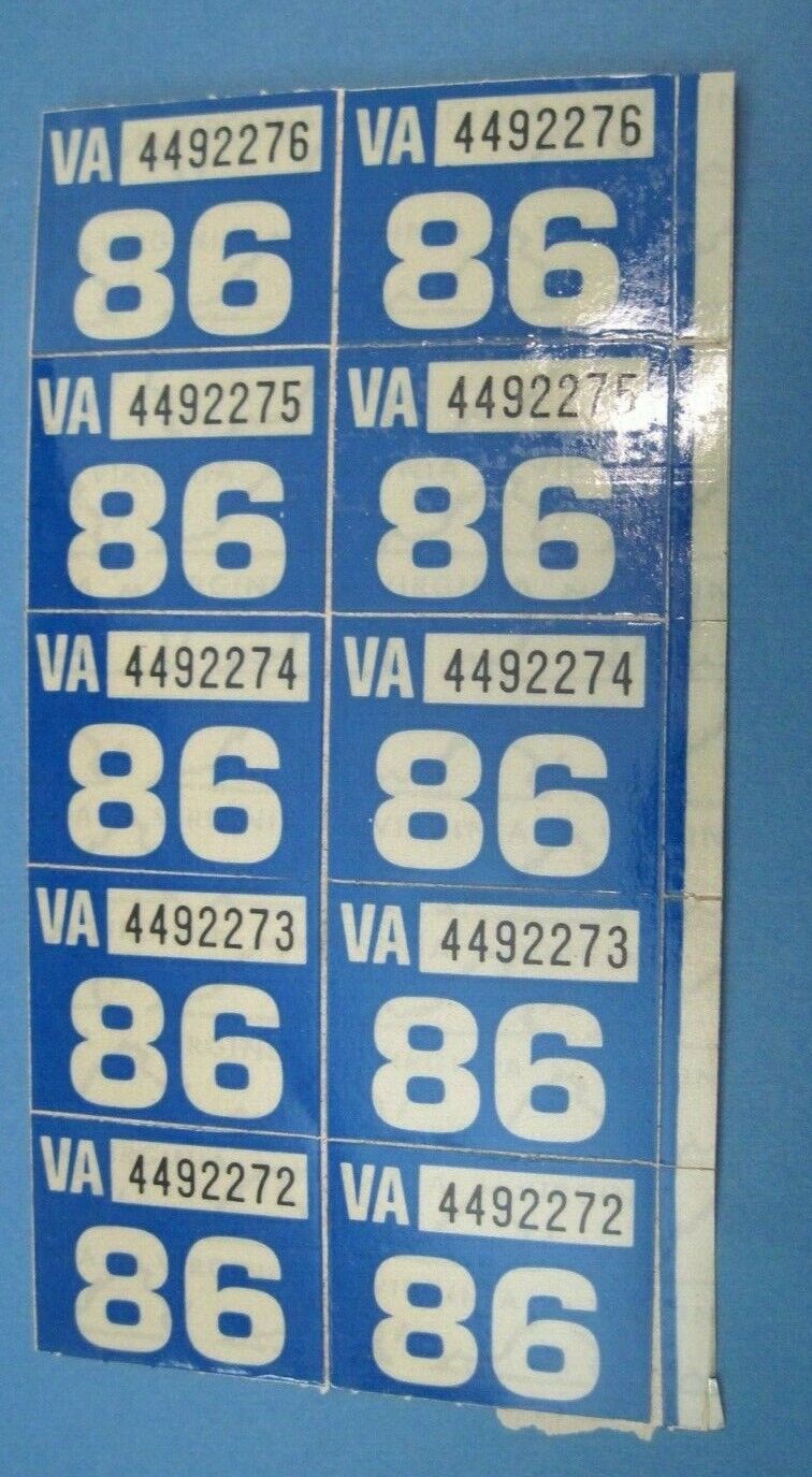 matched pair 1986 Virginia license plate date stickers never used