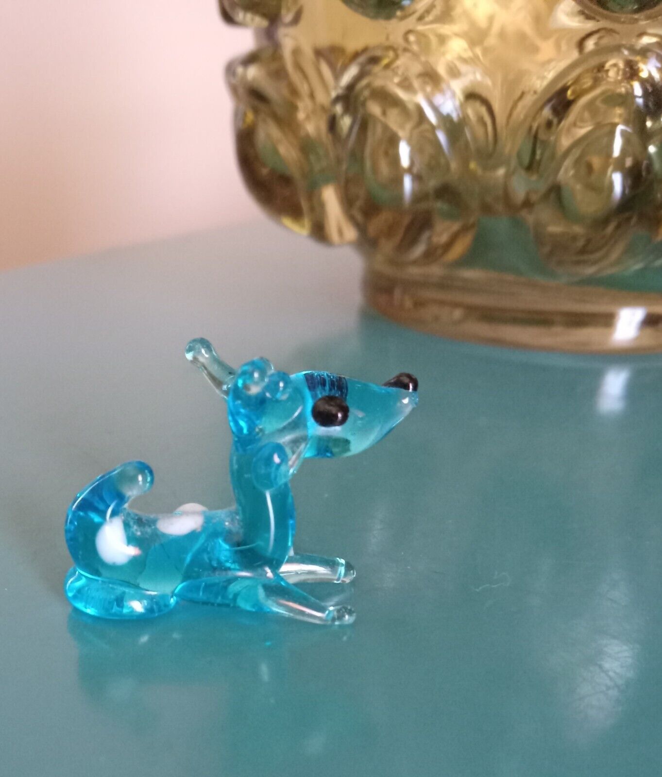 Vintage Miniature Glass Deer Fawn Blue White Spots Tiny Treasure MCM