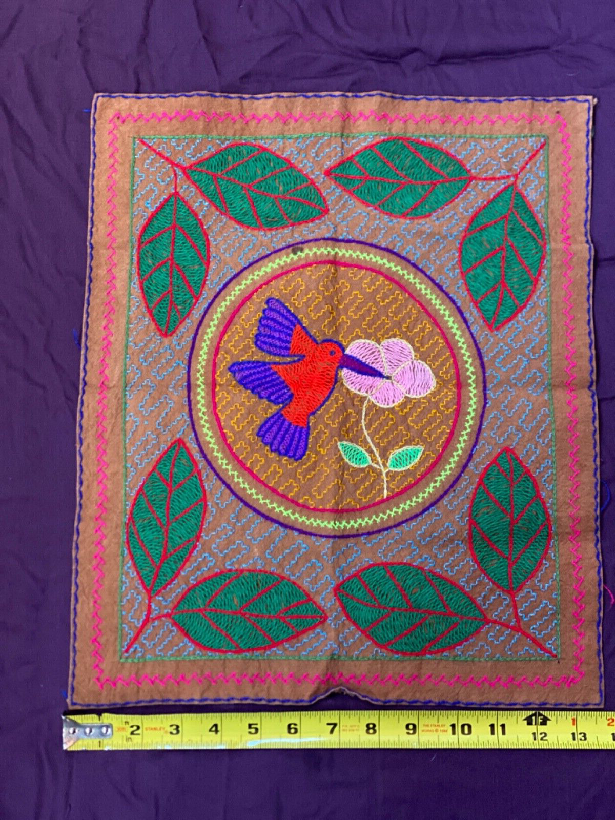 Shipibo Tribal Hand Embroidered Hummingbird | Altar Cloth | 13.74” x 17”