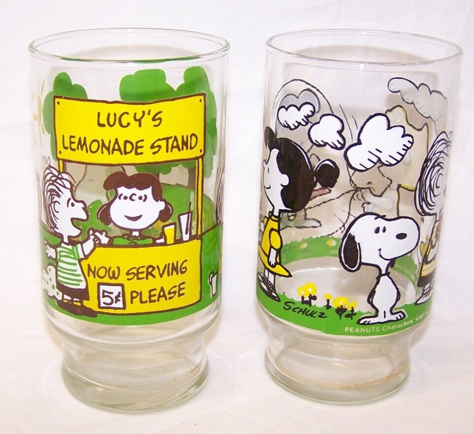 2 Vtg Swanky Swigs Jelly Jar Glass Peanuts Lucy’s Lemonade Stand 1966 5.5\