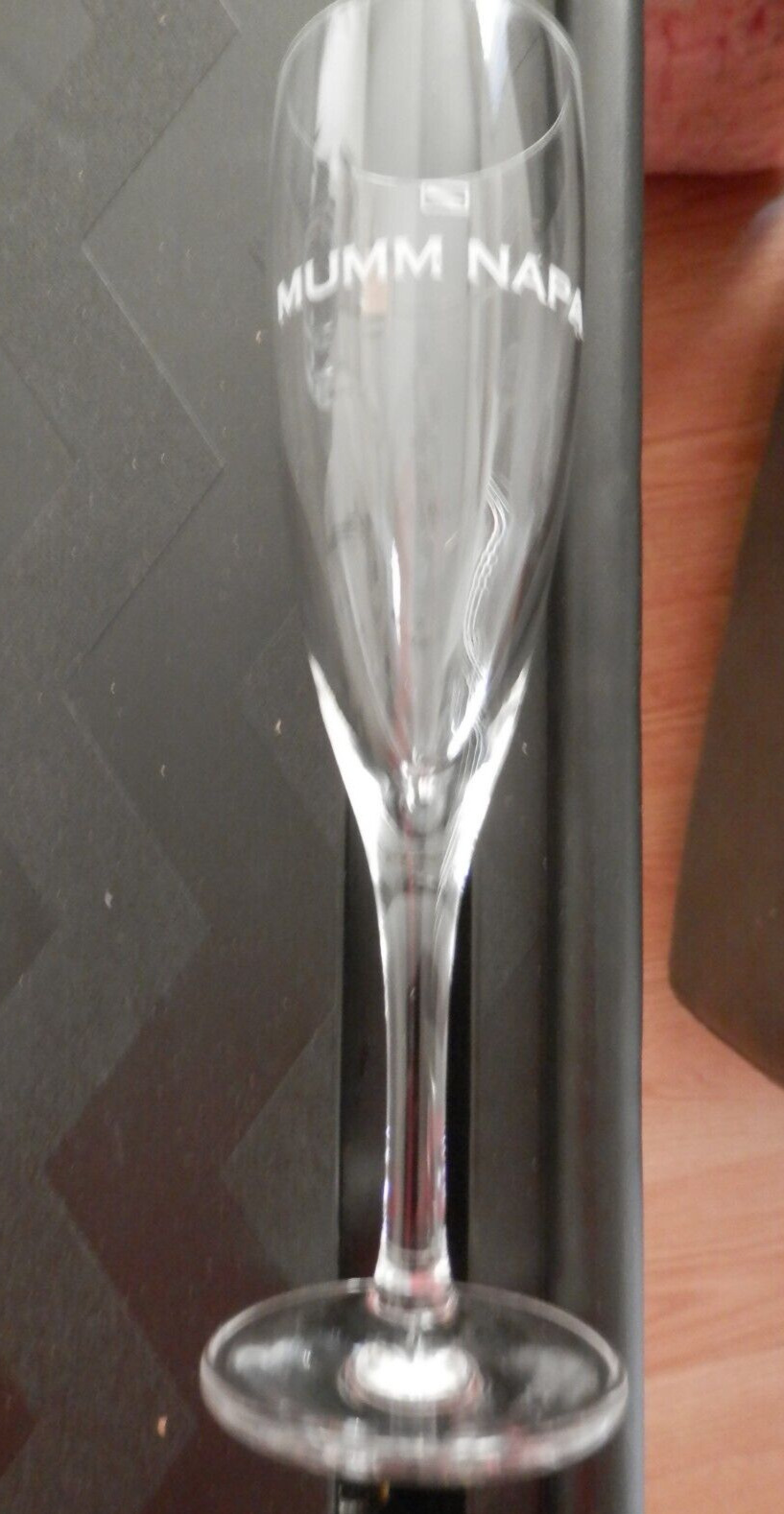 Mumm Napa Champagne Glass Flute, 7” Tall, Etched Logo, Stolzle, EUC