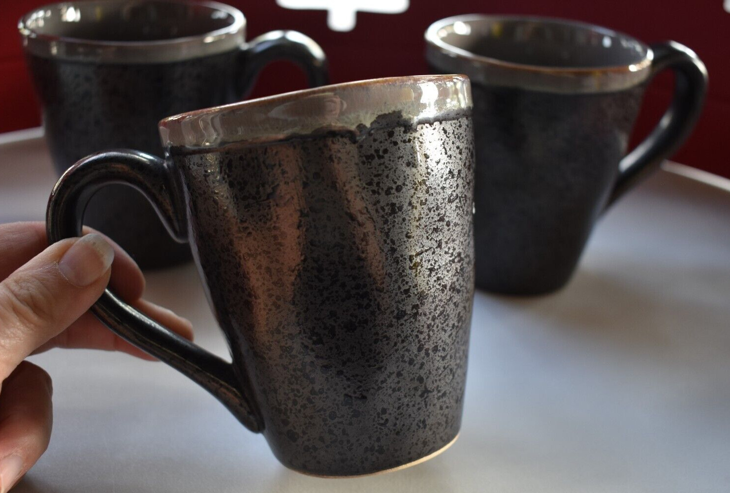 3 ~ Coffee Mugs GIBSON ELITE Brown Speckled Black, Tan Rim Teacup Cocoa 4.25\