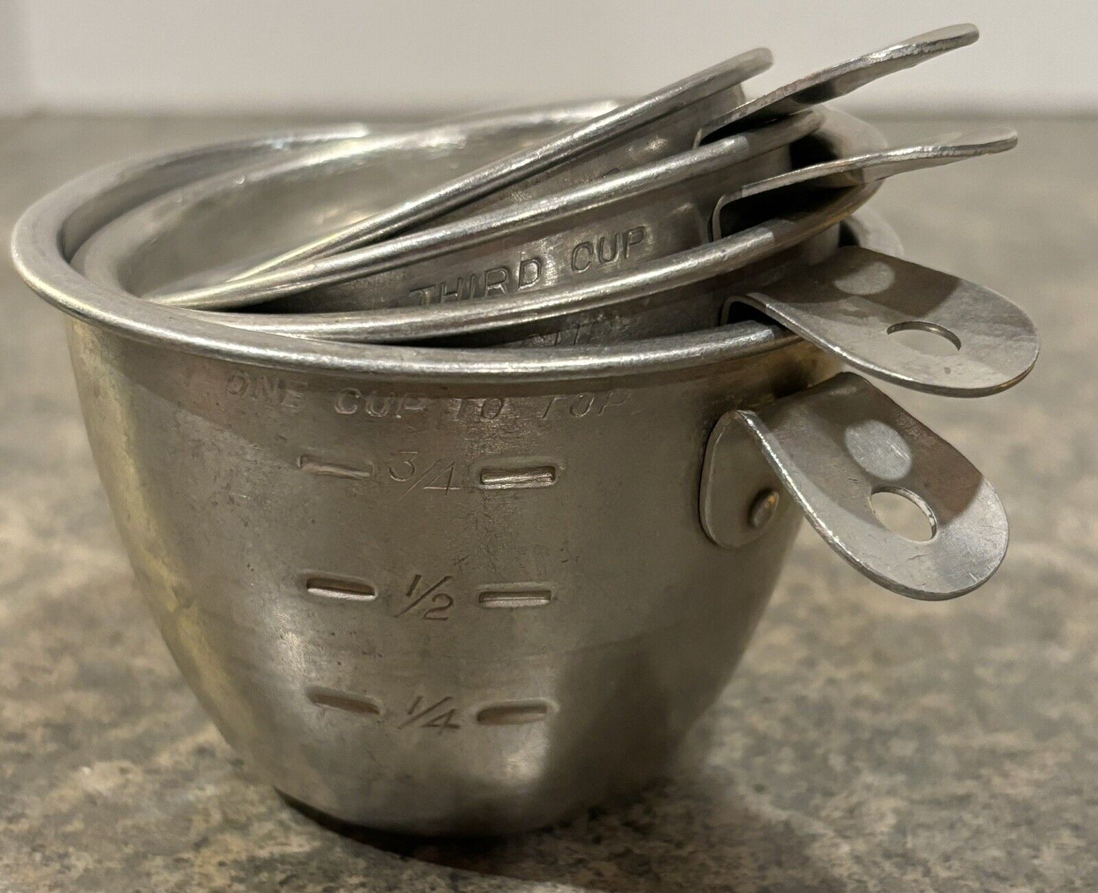 Vintage Aluminum Tab Handle  Measuring Cups Set of 4 - 1/4, 1/3, 1/2 & 1 Cup