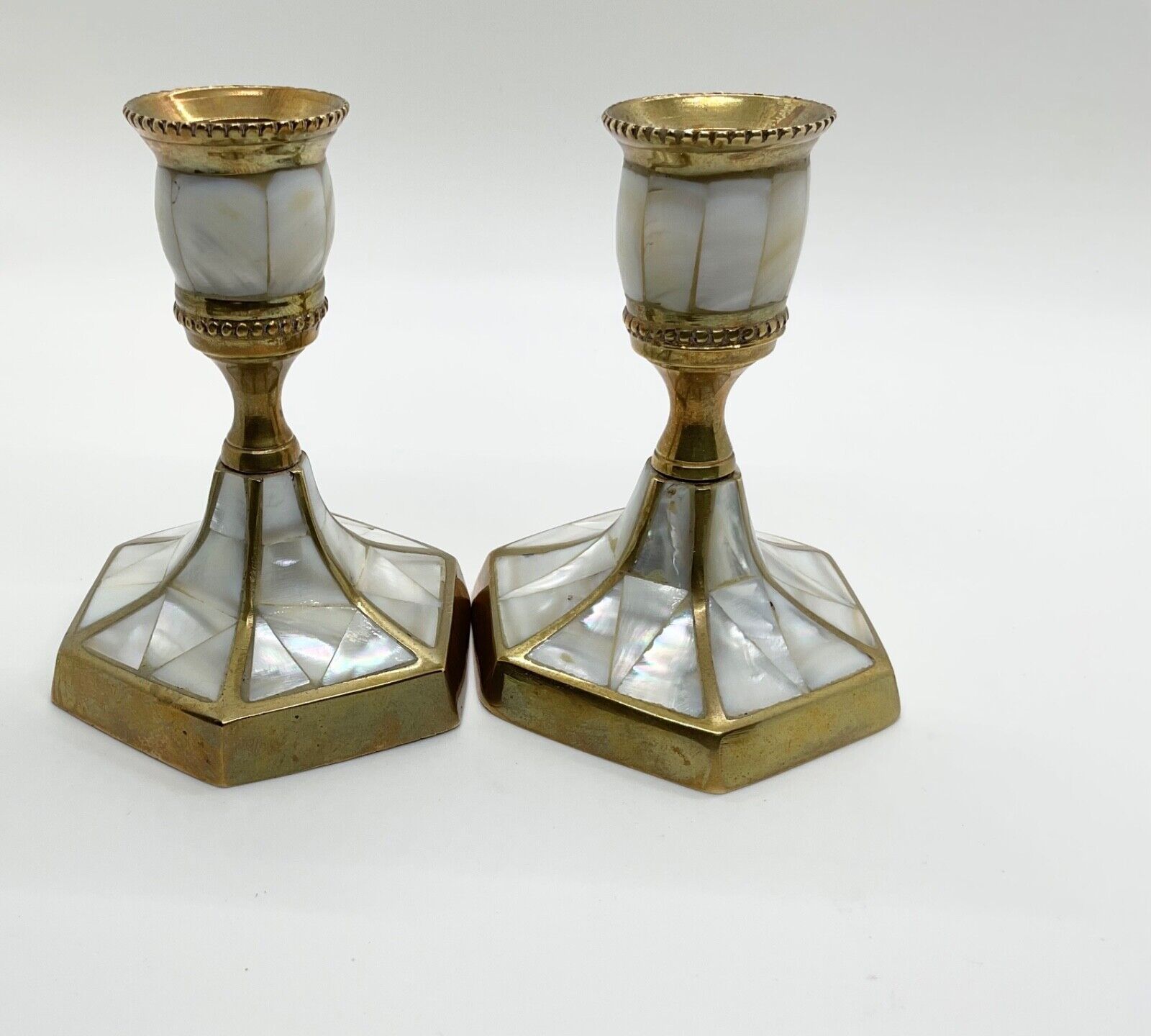 Vintage Pair Of Brass And Inlaid Mother Of Pearl Candlesticks