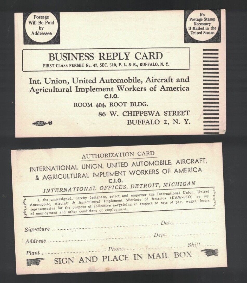 UAW-CIO Union 1950s Unused vintage authorization card Automobile Aircraft