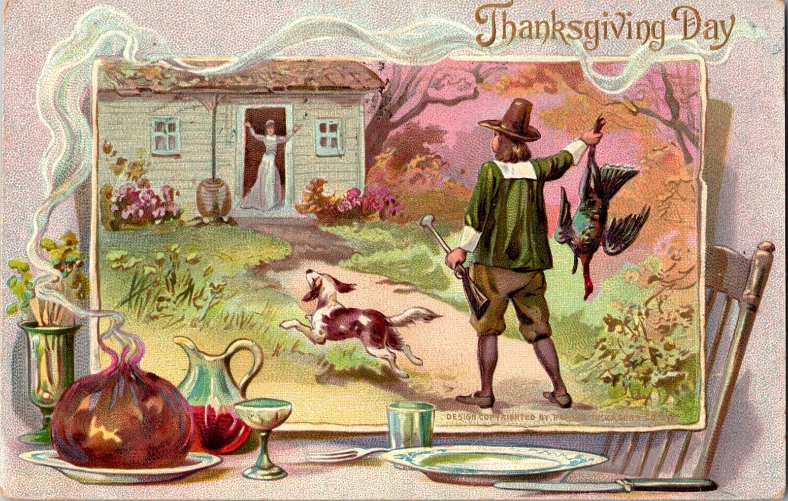 Tucks 175 Thanksgiving Pilgrim Brings Turkey Home to Wife Vintage Postcard N63
