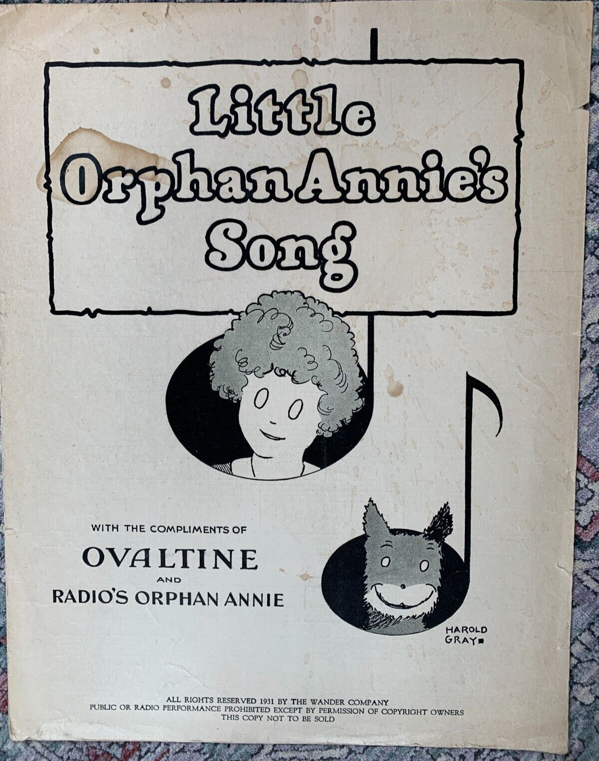 1931 LITTLE ORPHAN ANNIE\'S SONG OVALTINE SHEET MUSIC FROM CHILDREN\'S RADIO SHOW