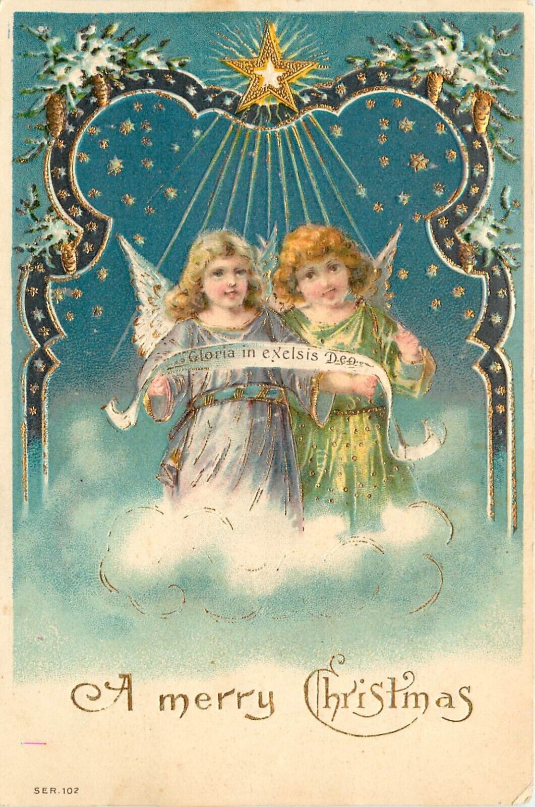 Embossed Christmas Postcard Little Angels With Banner Gloria In Exelsis Deo
