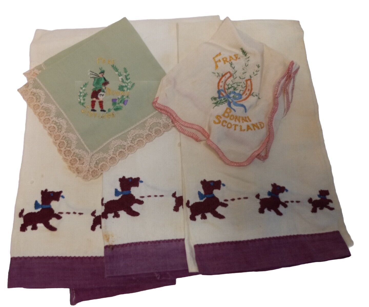 Vintage Scotland Linens/(3)Tea Towels/(2)Hankerchiefs Embroidered