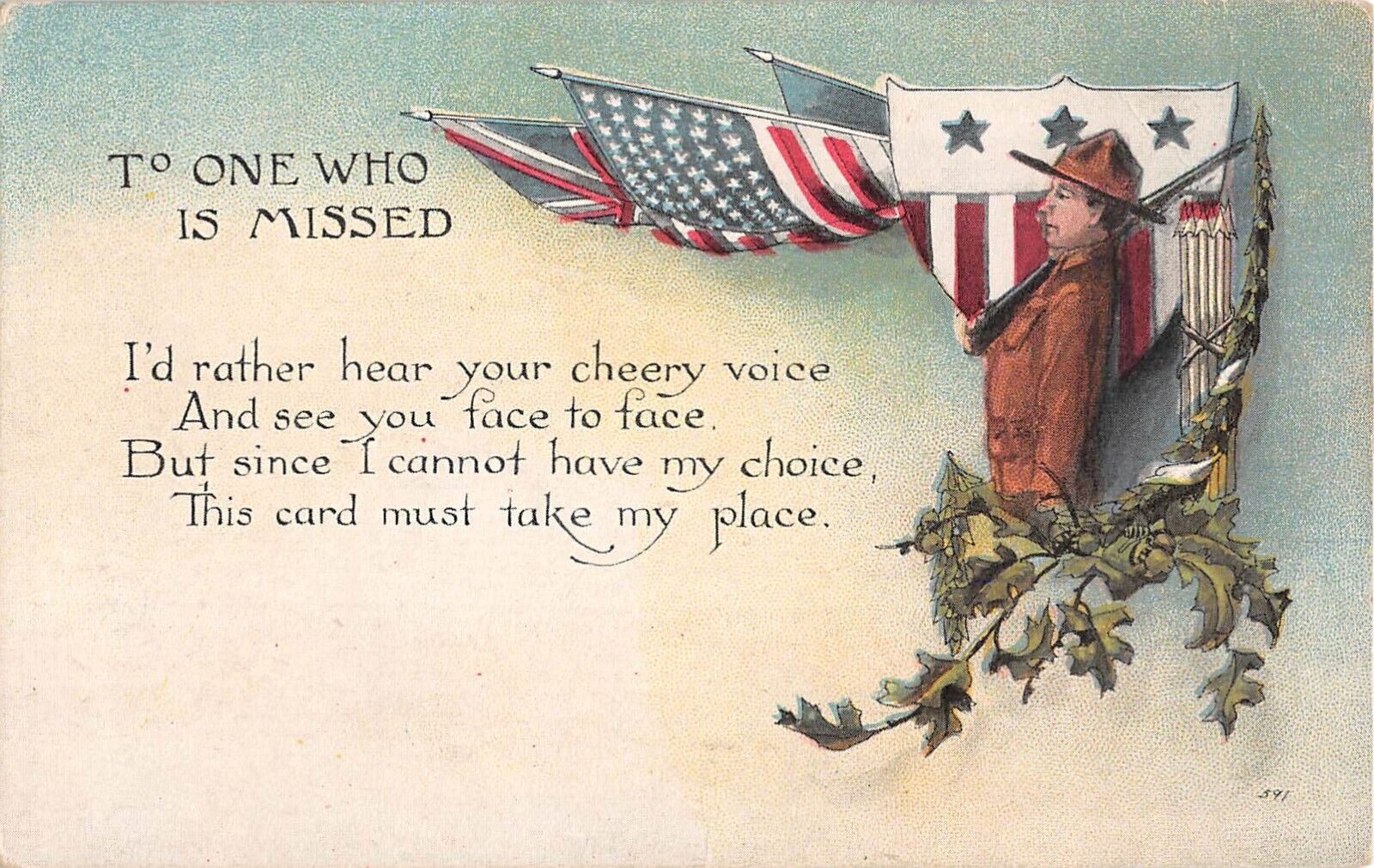 1916 Patriotic Postcard of Soldier Standing By Flags - To One Who Is Missed
