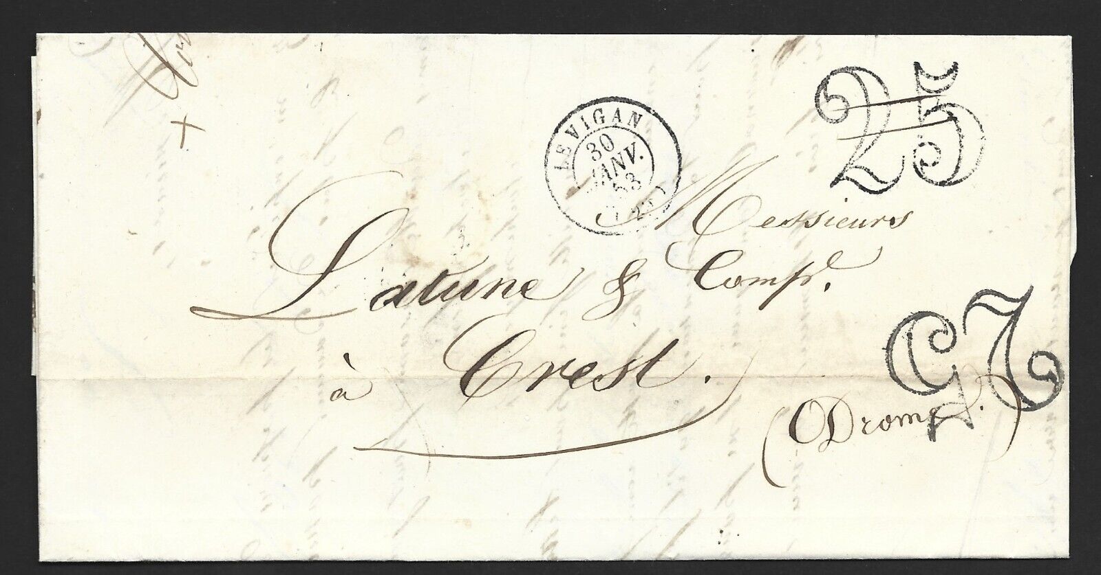 France-Lettre Le Vigan for Crest - Double Stroke Tax - 1853