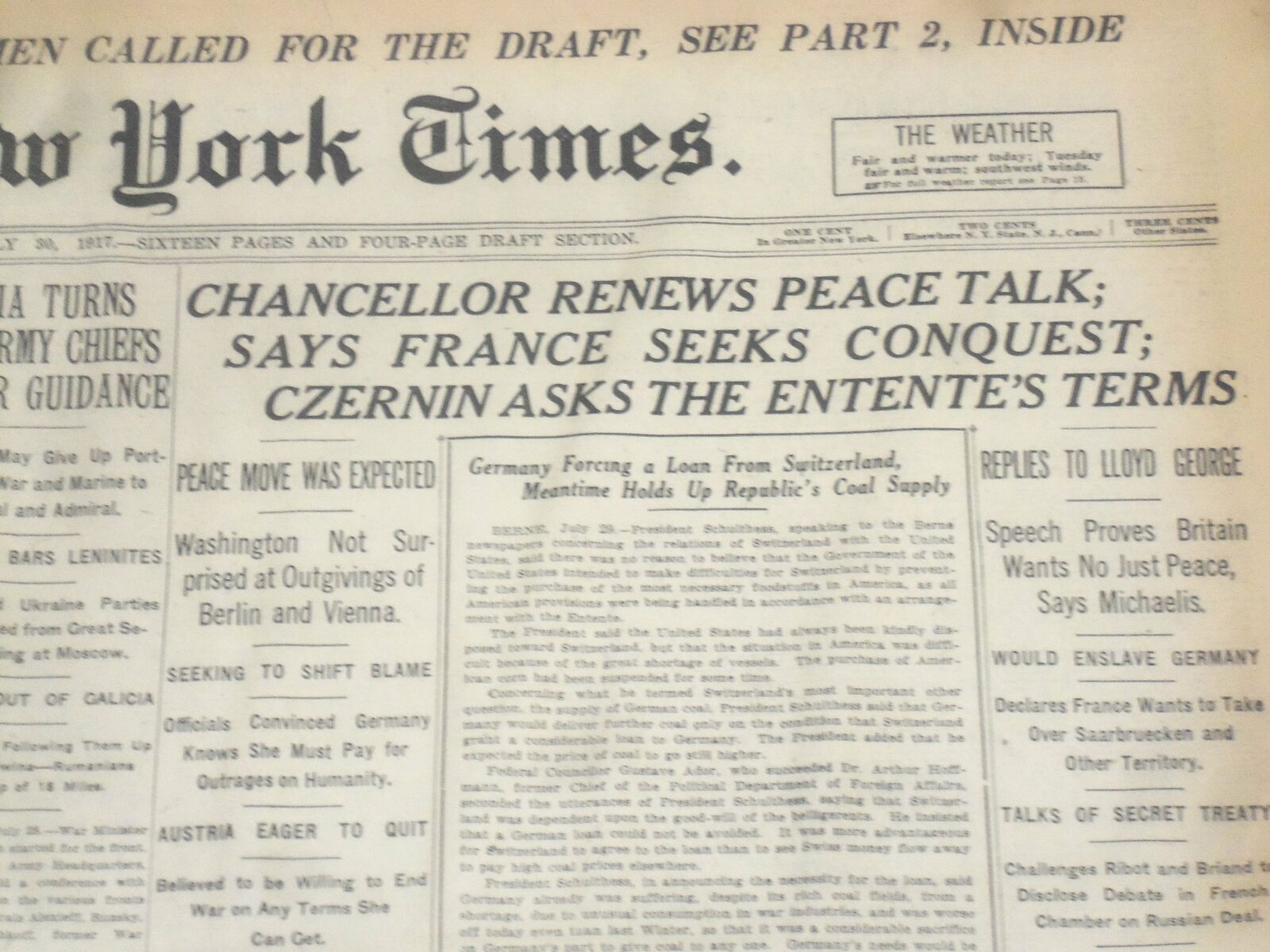 1917 JULY 30 NEW YORK TIMES - CHANCELLOR RENEWS PEACE TALK - NT 9310
