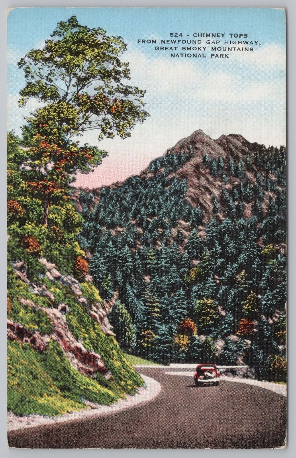 Linen~Chimney Tops From Newfound Gap Hwy Smoky Mts~Vintage Postcard
