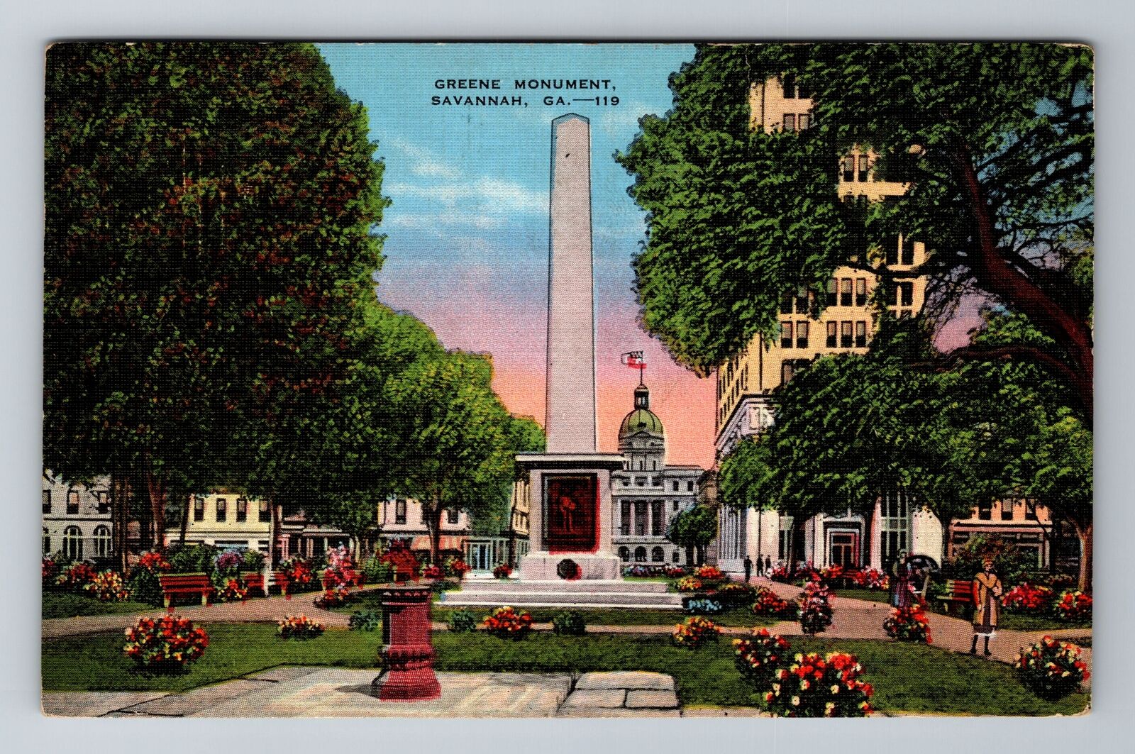 Savannah GA-Georgia, Greene Monument, Antique Vintage Souvenir Postcard