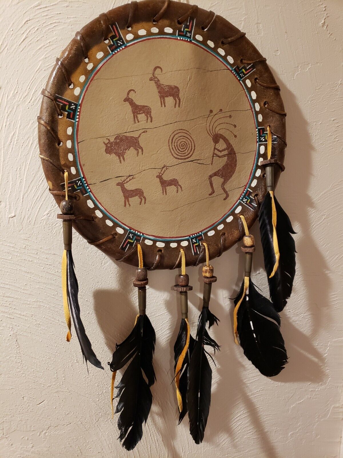 Kokopelli Painted Southwestern Style Hand Drum Natural Skin Hide Leather Feather