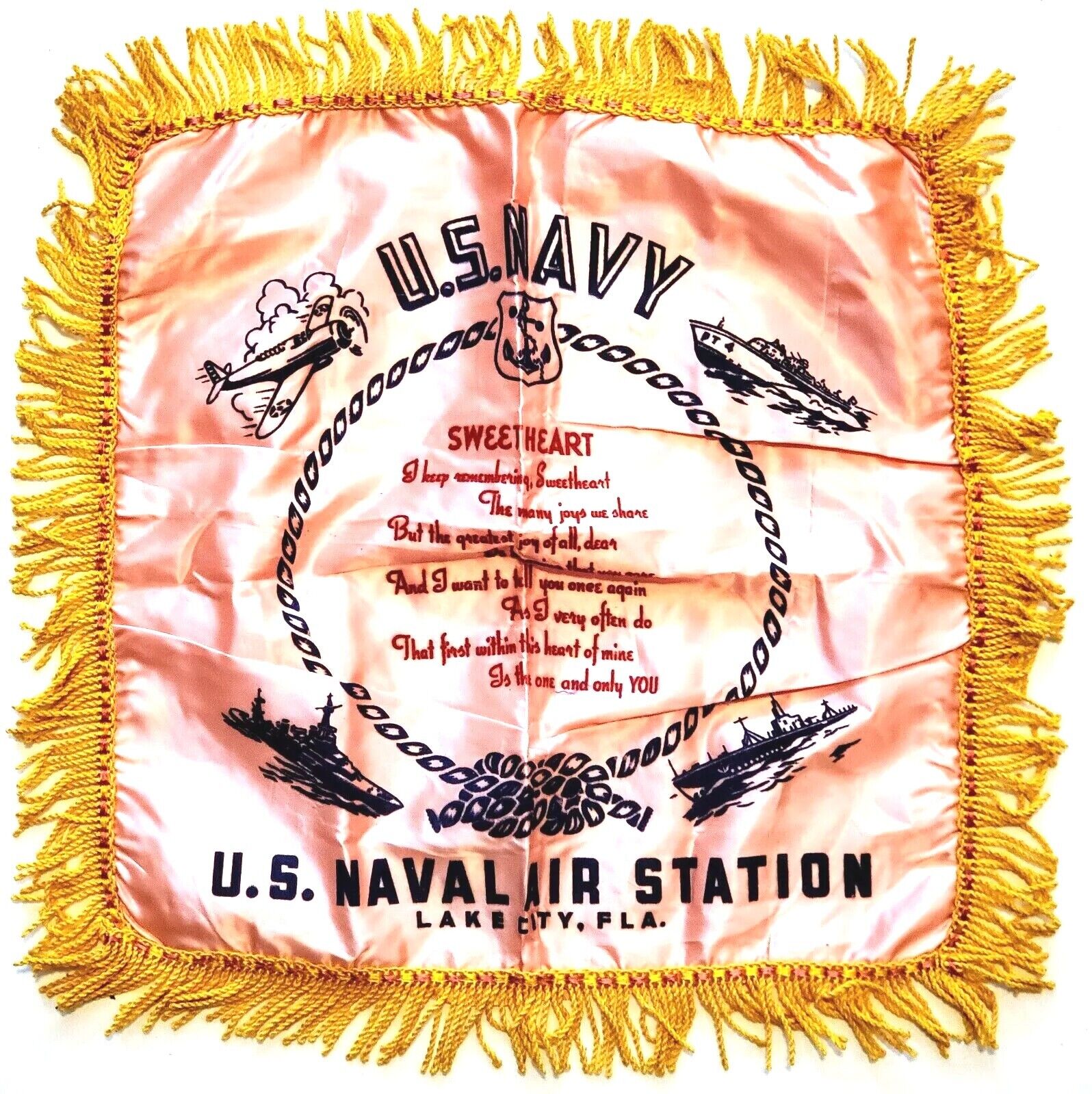 1940\'s US Navy World War II U.S. Naval Air Station Silk Sweetheart Pillow Case