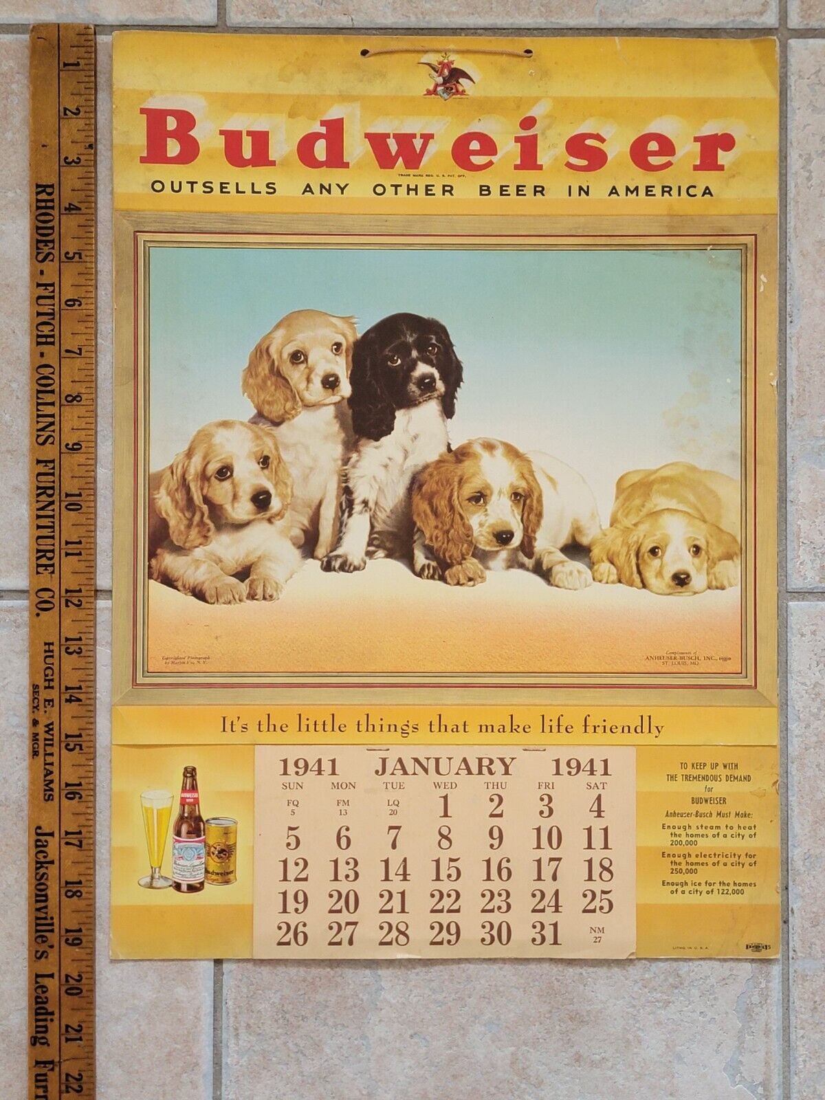 Rare WW2 1941 Budweiser Calendar Litho Sign Poster Bottle Can Hanger Vintage 