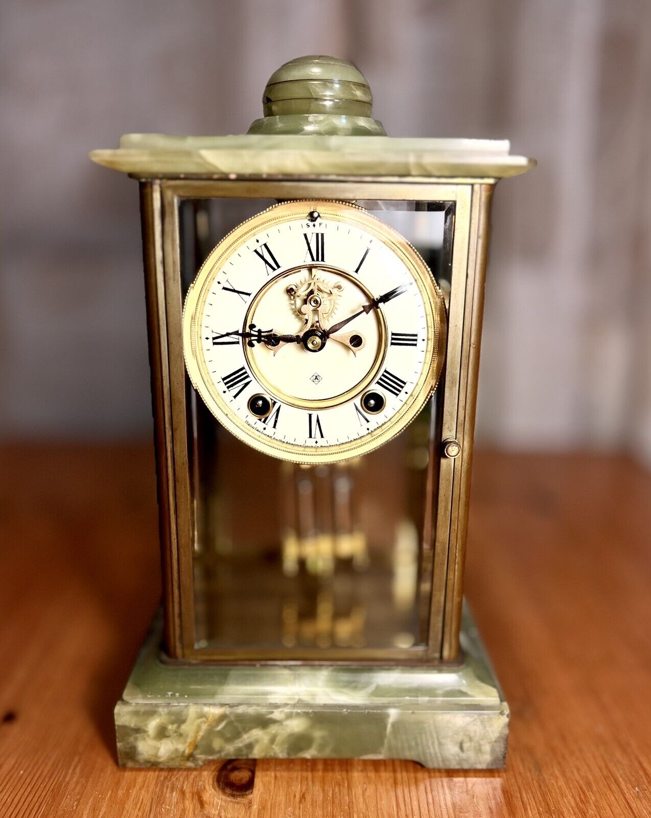 Antique Ansonia Crystal Regulator Open Escapement Green Onyx Clock. Runs