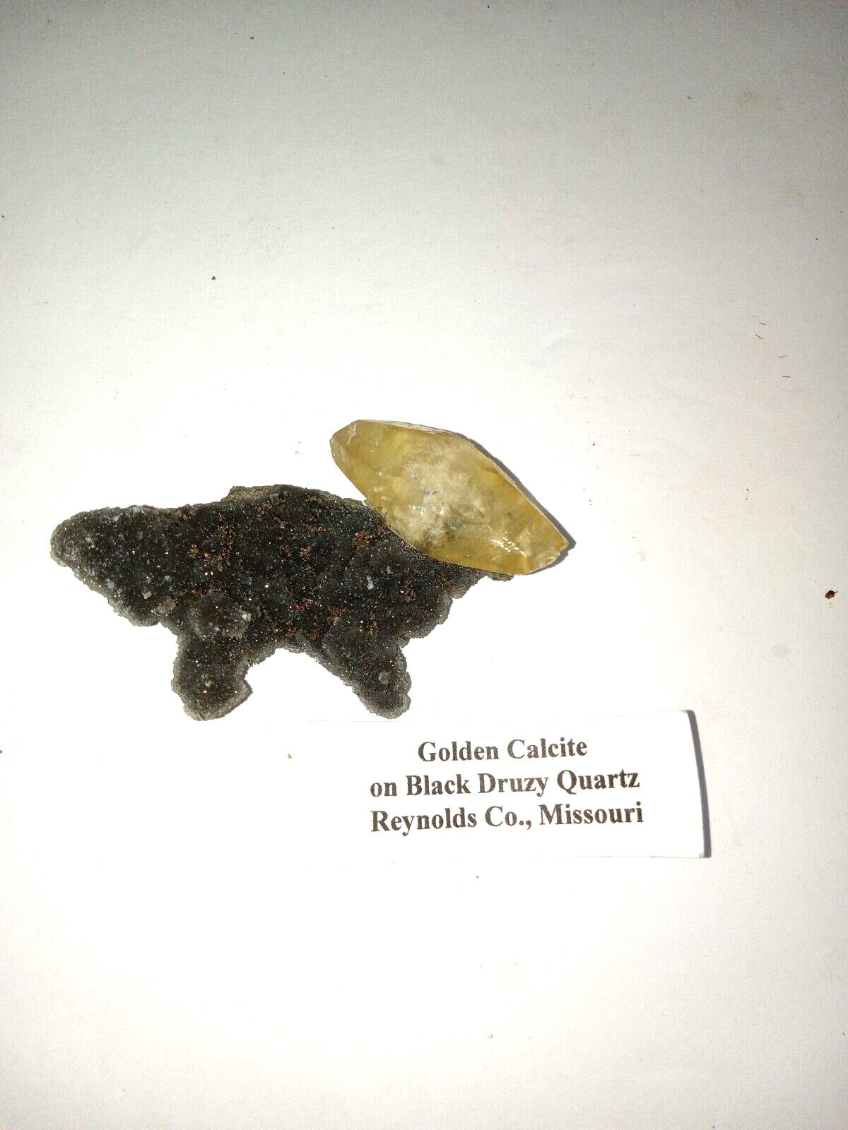 Golden Calcite on Black Druzy Quartz Reynolds Co. Missouri