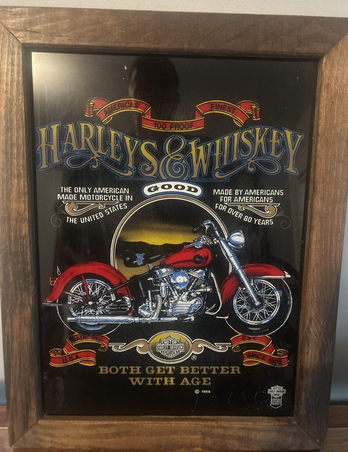 Harley Davidson Motorcycles Framed Picture Harley’s & Whiskey 1986 Wood Frame