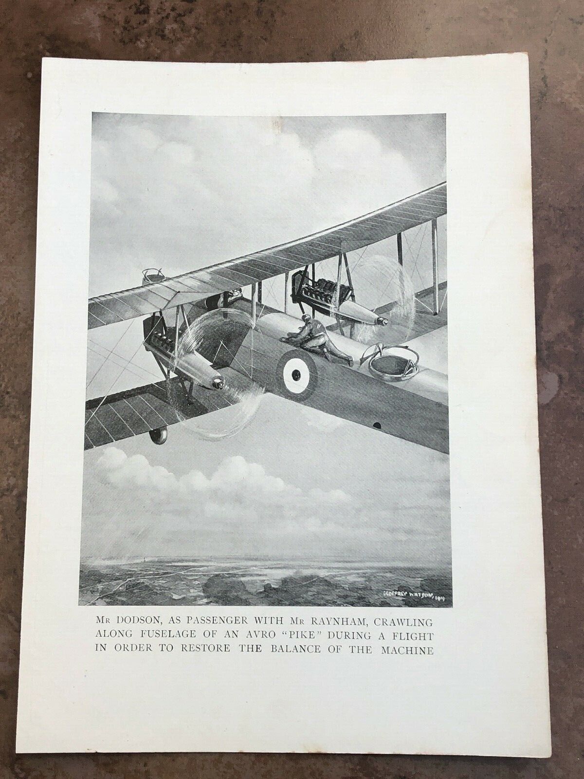 ww1  aeroplane print - mr dodson as a passenger crawling along fuselage .avro 