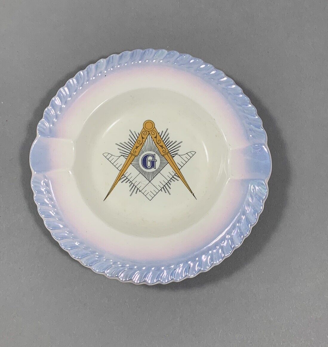 Antique Vintage Masonic / Masons Ashtray Round Scalloped Gorgeous Pastel