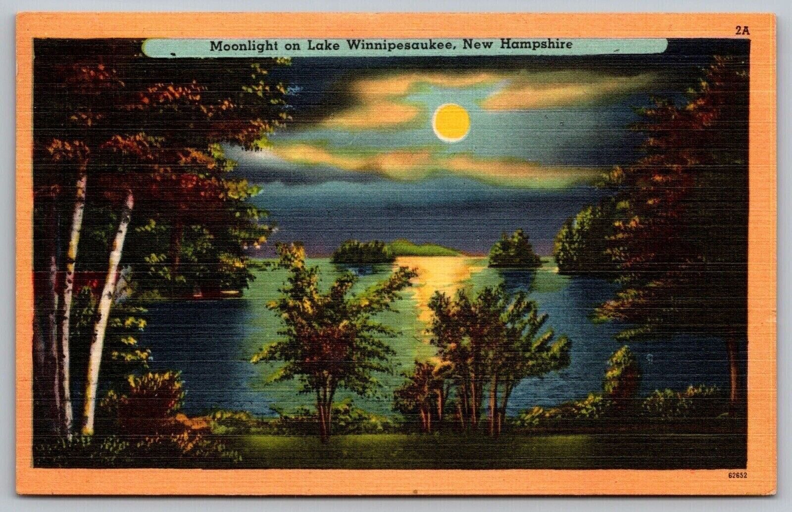 Moonlight Lake Winnepesaukee New Hampshire Lakefront Night View VNG WOB Postcard