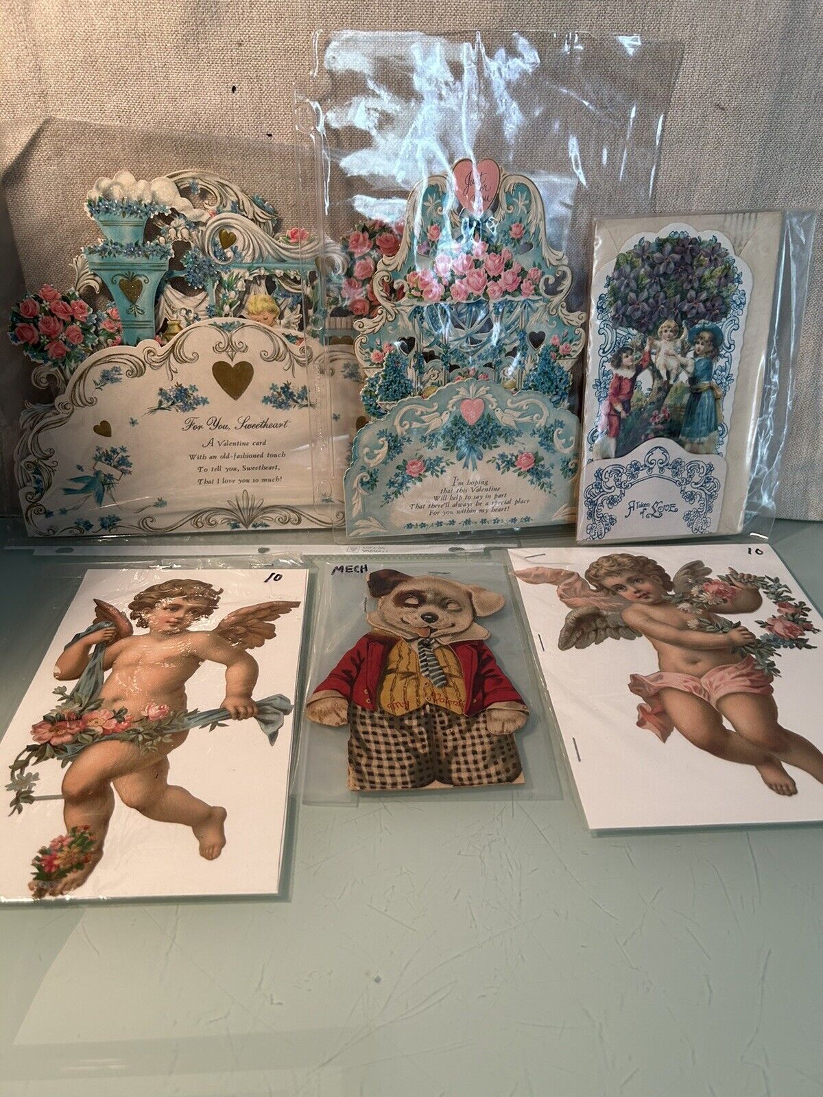 Antique Vintage Lot of 4 Victorian Valentine Cards Pop Up Die Cut Plus Cupids