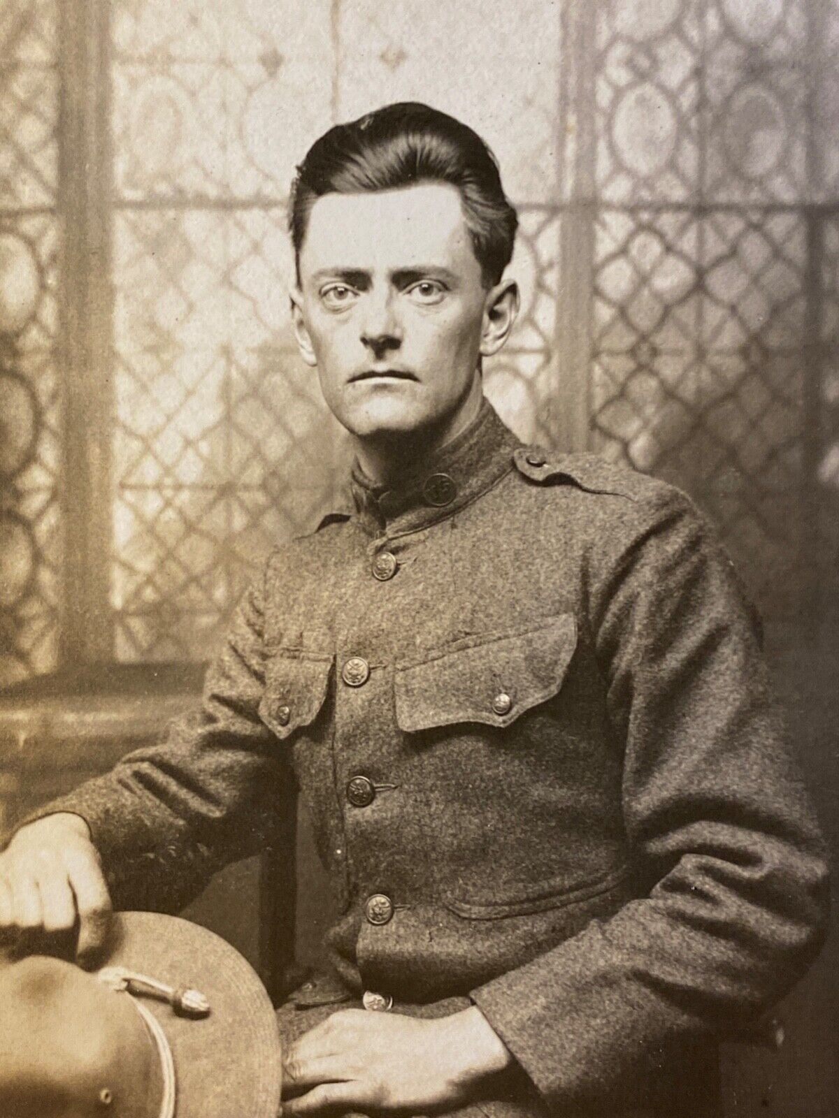 1918 WWI RPPC: U.S. SOLDIER IN UNIFORM antique real photo postcard VERSION NO. 2