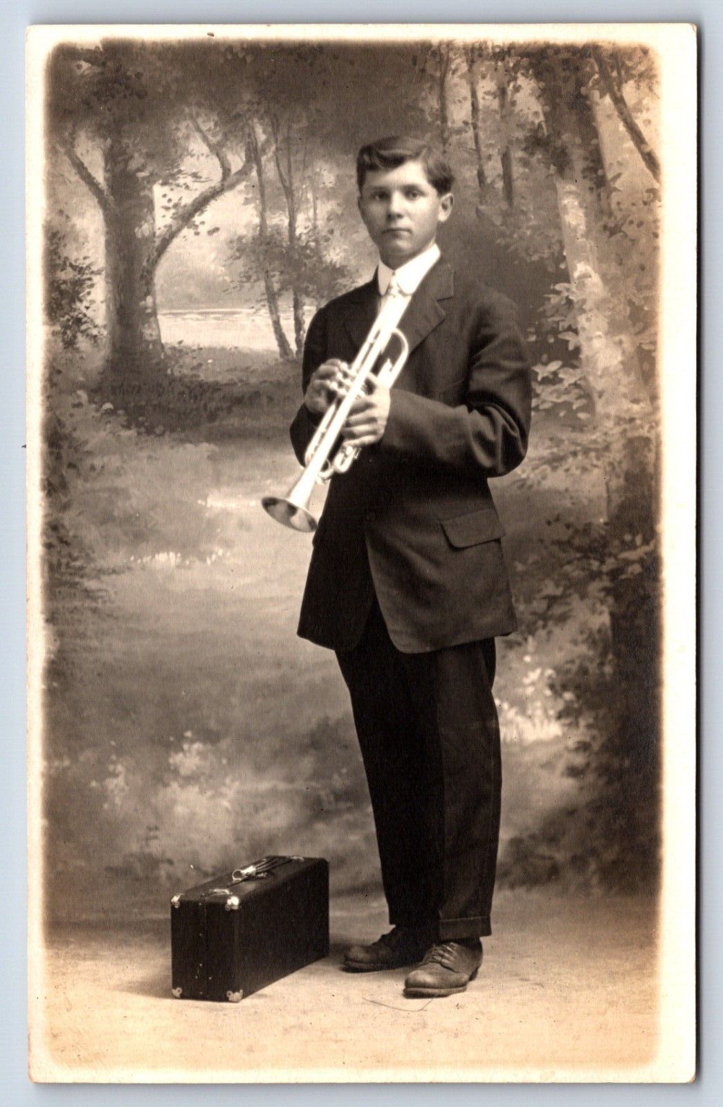 Postcard RPPC Handsome Man Musician Trumpet Instrument Case Occupational C3