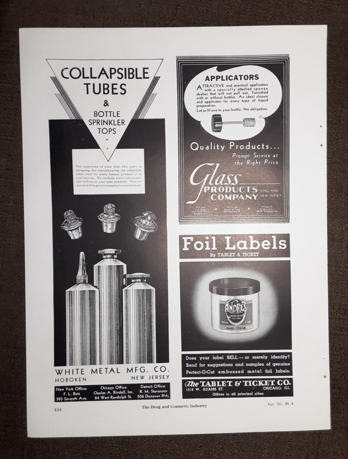 1935 WHITE METAL TUBES Magazine AD~Hoboken NJ~TABLET & TICKET Foil Label/Chicago