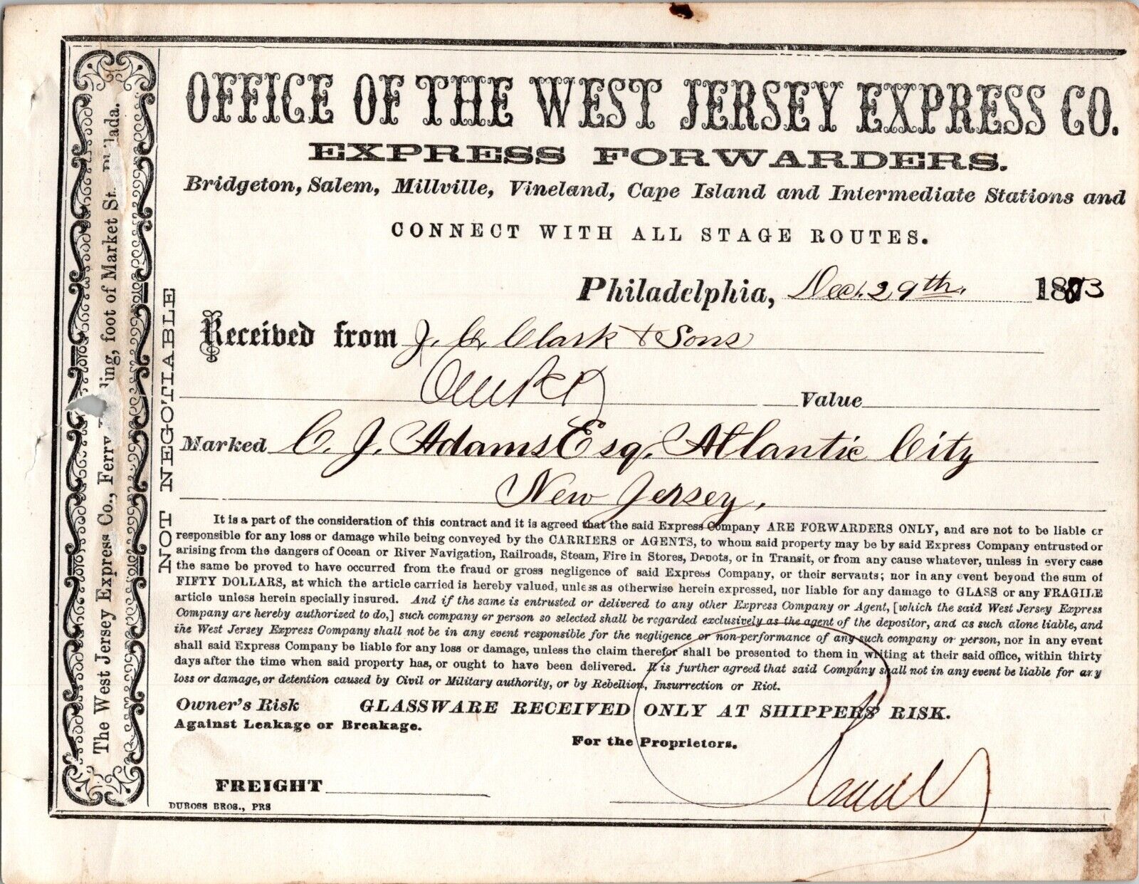 1883 Receipt WEST JERSEY EXPRESS Co. Ferry Bldg Philadelphia PA Antique Document
