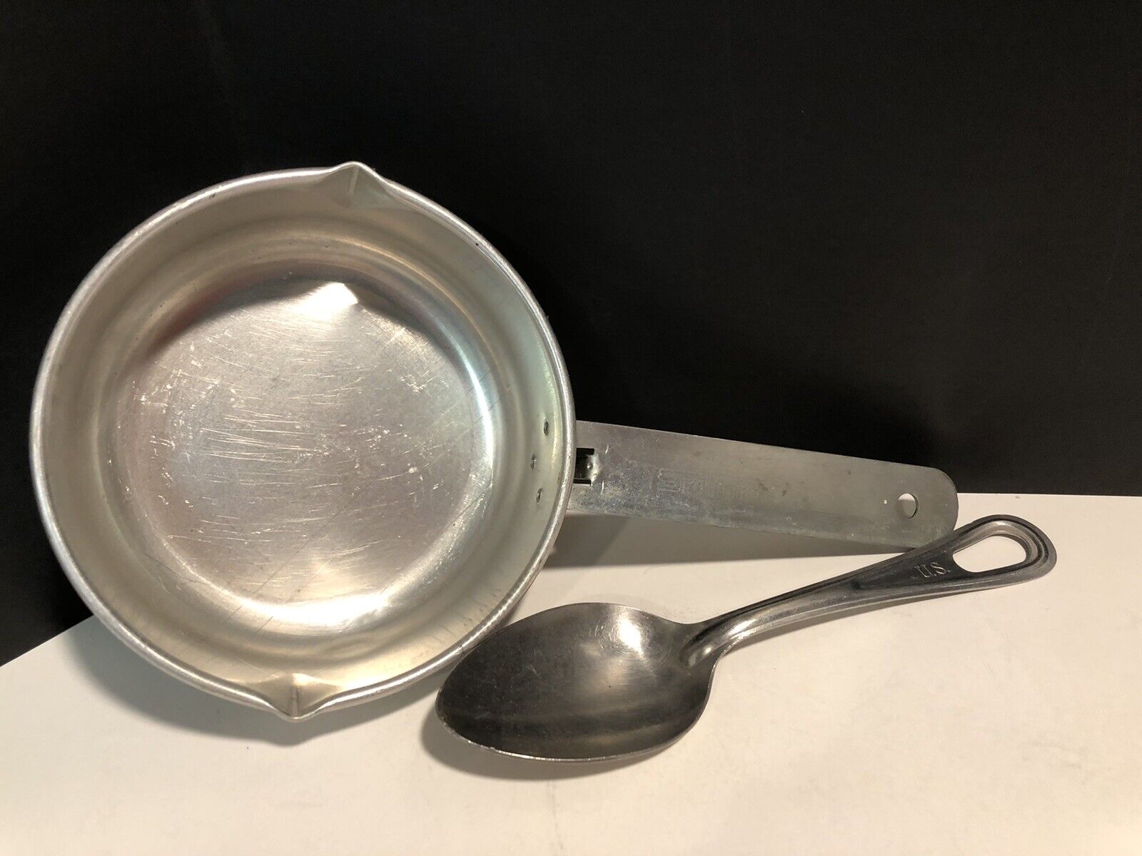 Vintage Skil Craft Sauce Aluminum Quart Pan & Military US Large Spoon. 