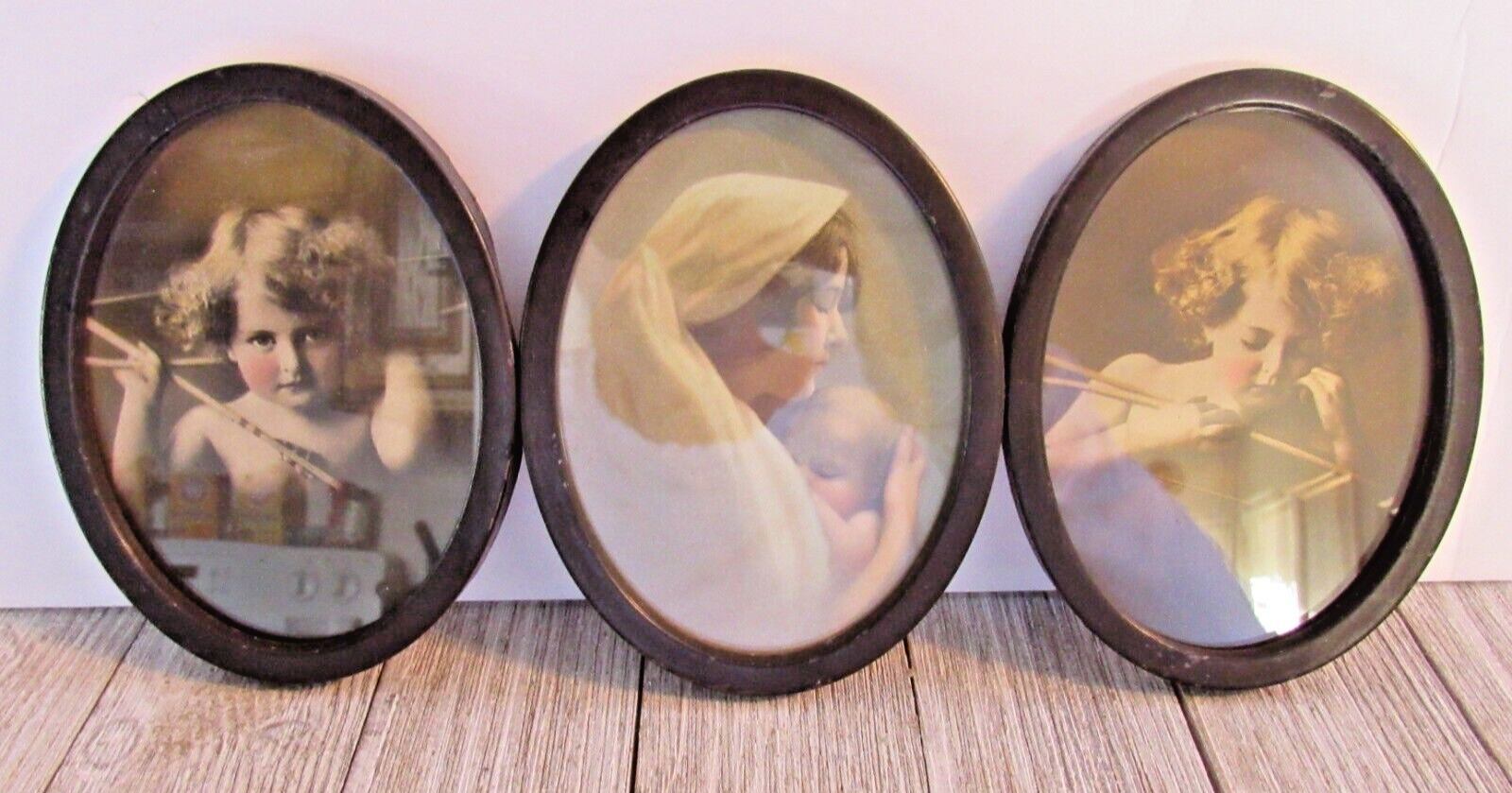 Vtg Small Triple Picture Metal Picture Frame Litho Prints Angel Madonna