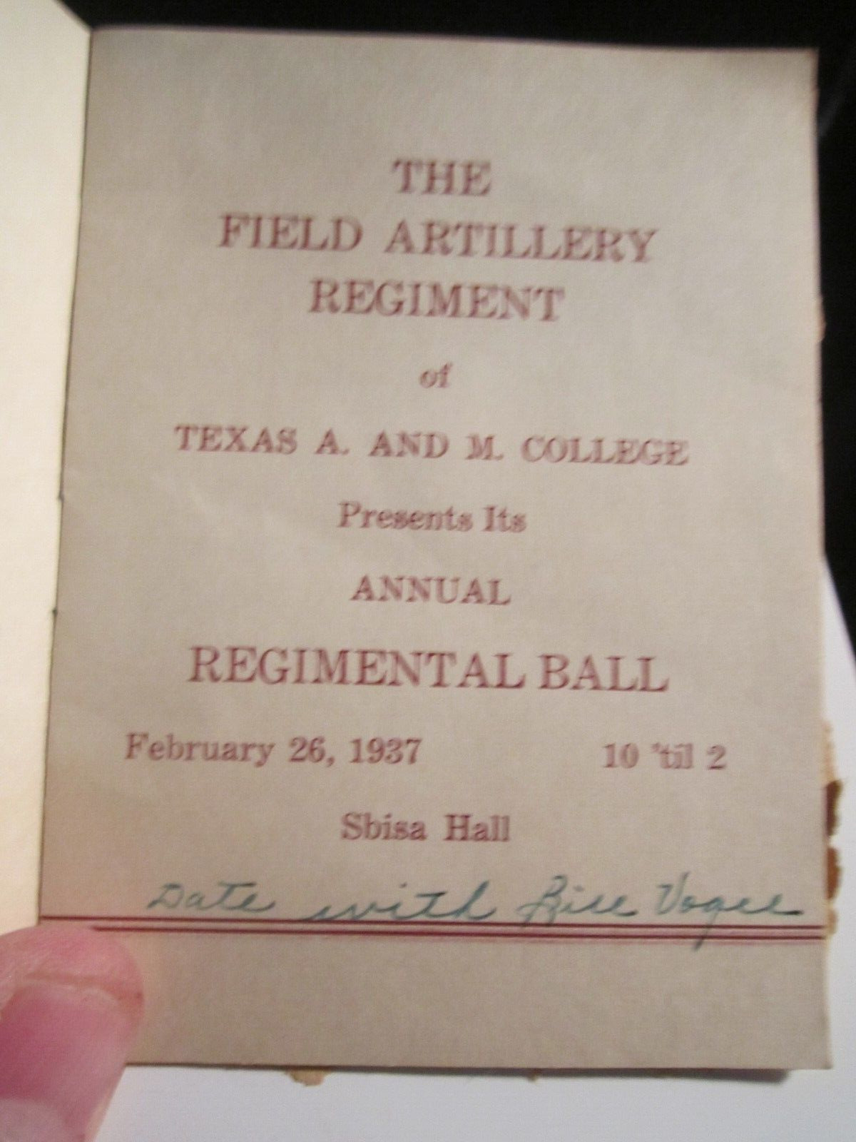 1937 TEXAS A & M COLLEGE REGIMENTAL BALL BOOKLET FIELD ARTILLERY REGIM. TUB SCCC