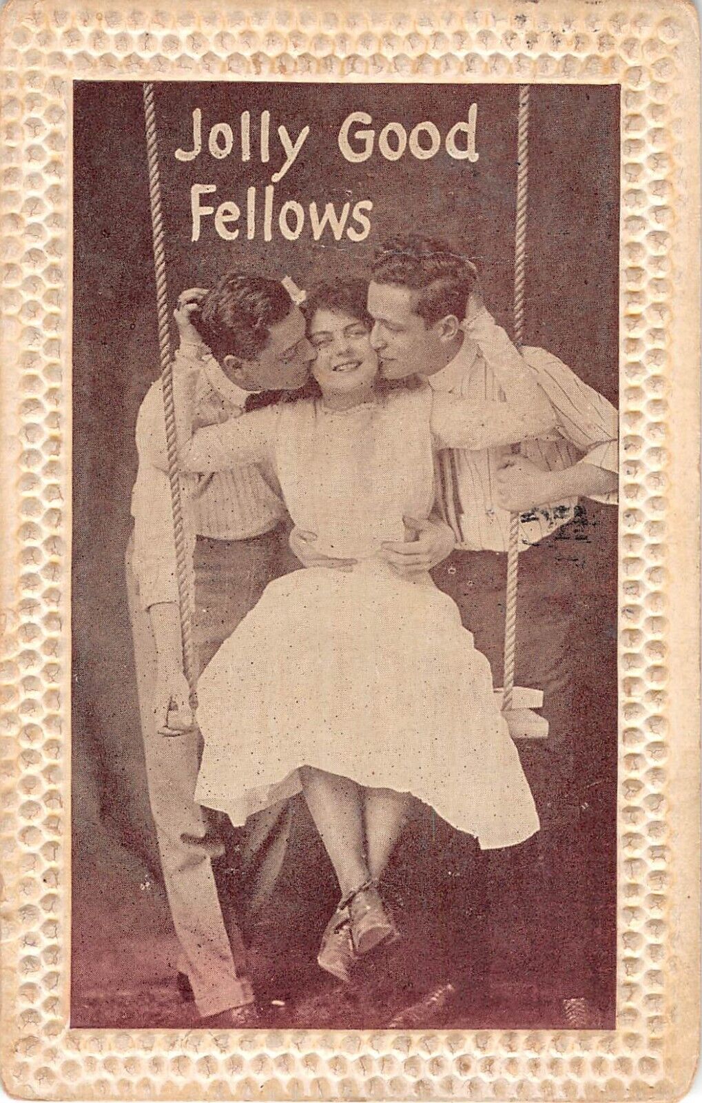 1911 Comic Romance Sepia PC of Two Men Kissing Lady in Swing-Jolly Good Fellows