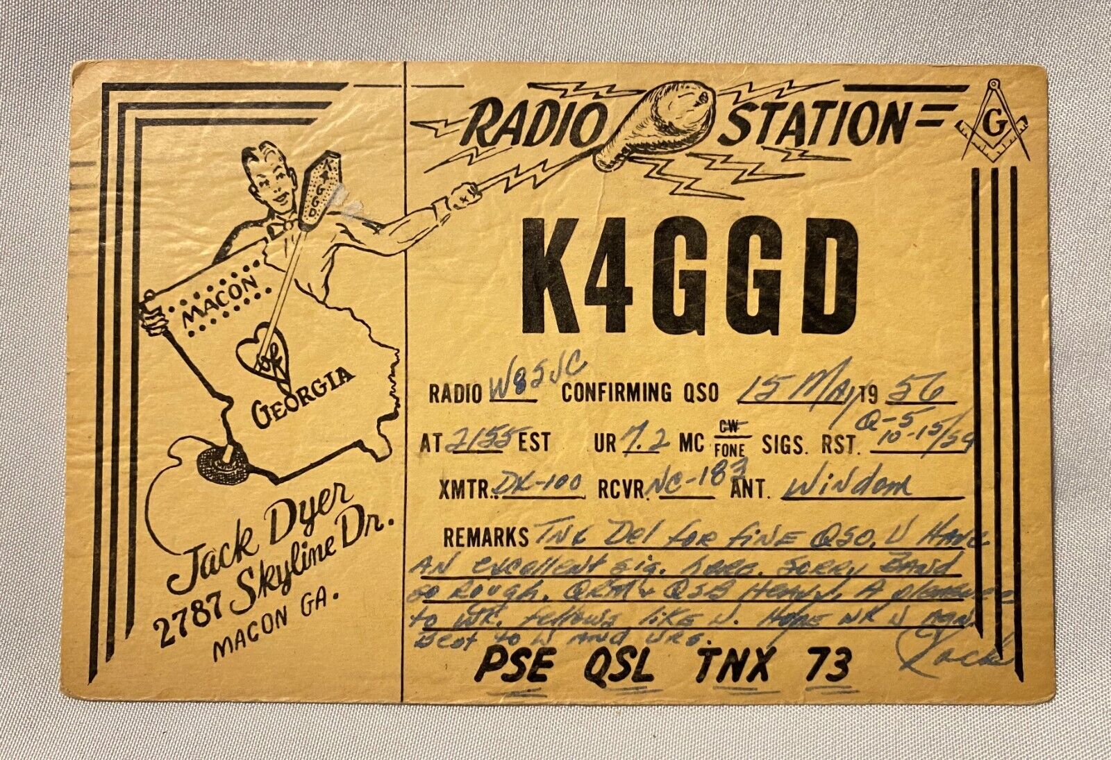 Vintage 1956 Radio Station K4GGD PSE QSL TNX 73 Card Jack Dyer Macon Georgia