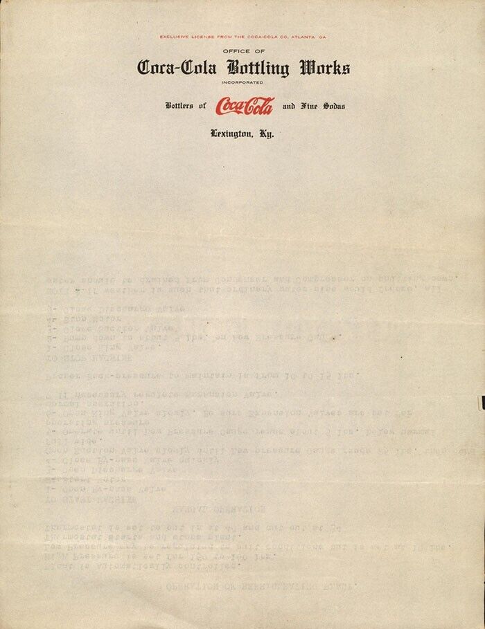 Coca-Cola Lexington, KY Letterhead (Undated probably 10\'s or 20\'s) Unusal Design