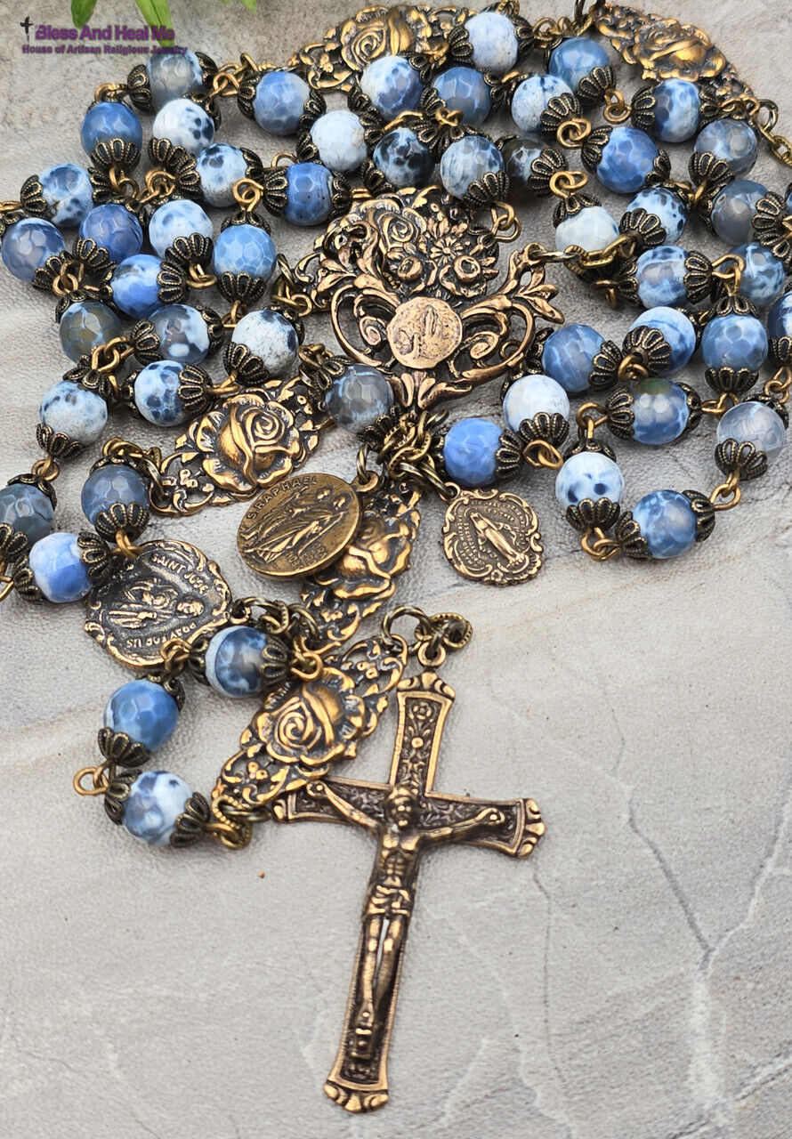 Healing Saints Lourdes, Miraculous Mary, Raphael, Jude Rosary -Bronze,Blue Agate