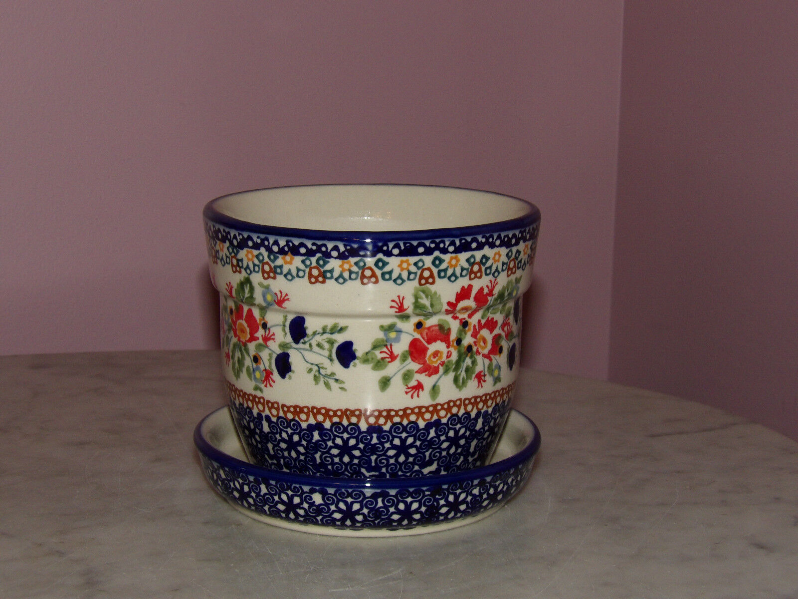 Polish Pottery Small Flower Pot with Saucer UNIKAT Signature Exclusive Zoey