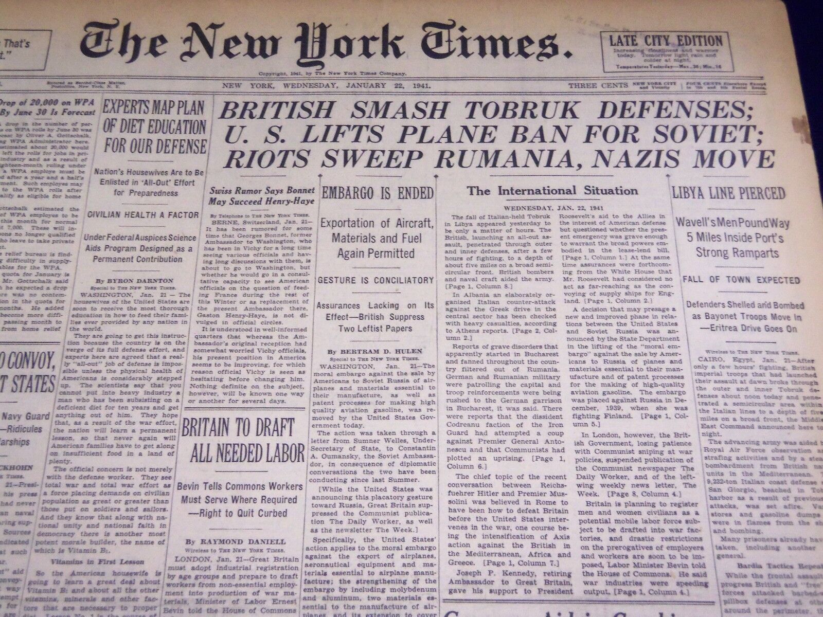 1941 JAN 22 NEW YORK TIMES - BRITISH SMASH TO BRUK DEFENSES - NT 1518