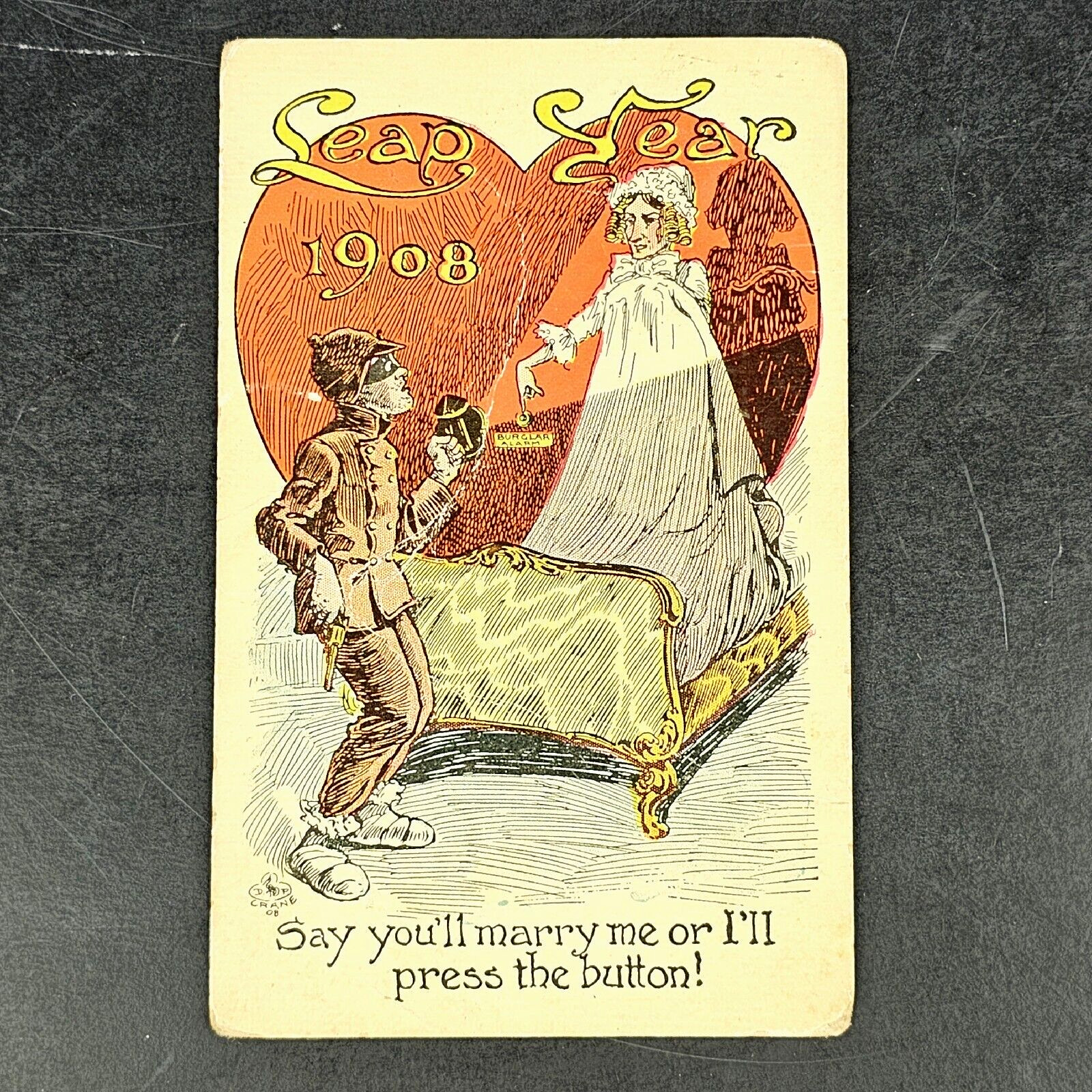 ANTIQUE 1908 D.P. CRANE POST CARD LEAP YEAR ROMANTIC HUMOR COMIC LITHO POSTED