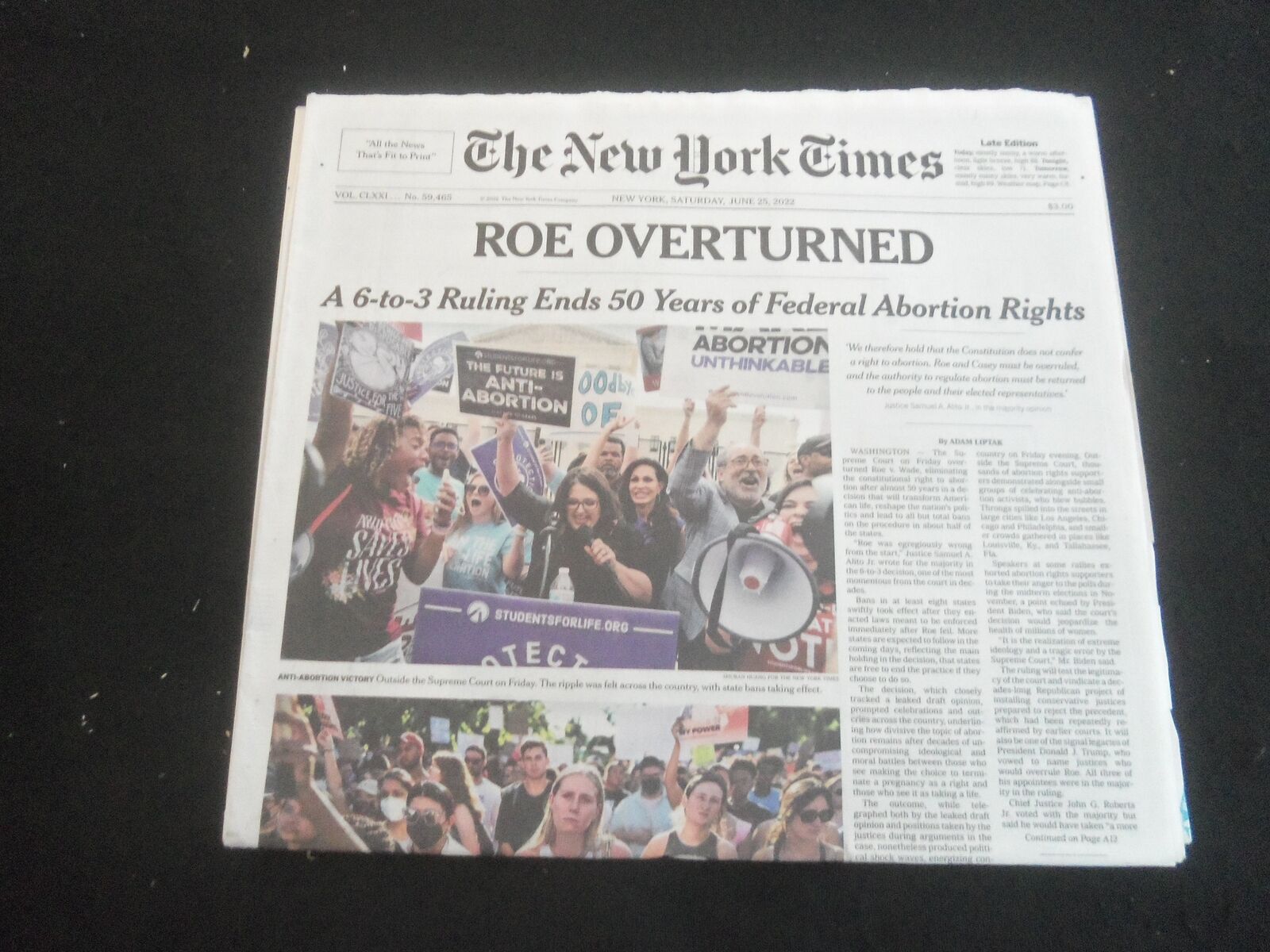 2022 JUNE 25 NEW YORK TIMES - ROE OVERTURNED IN 6-TO-3 RULING, ENDS 50 YEARS