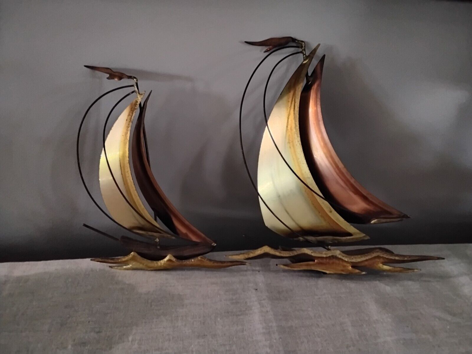 Vintage Mid-Century Modern Brass, Copper and Wood Sailboat Wall Hangings (2)