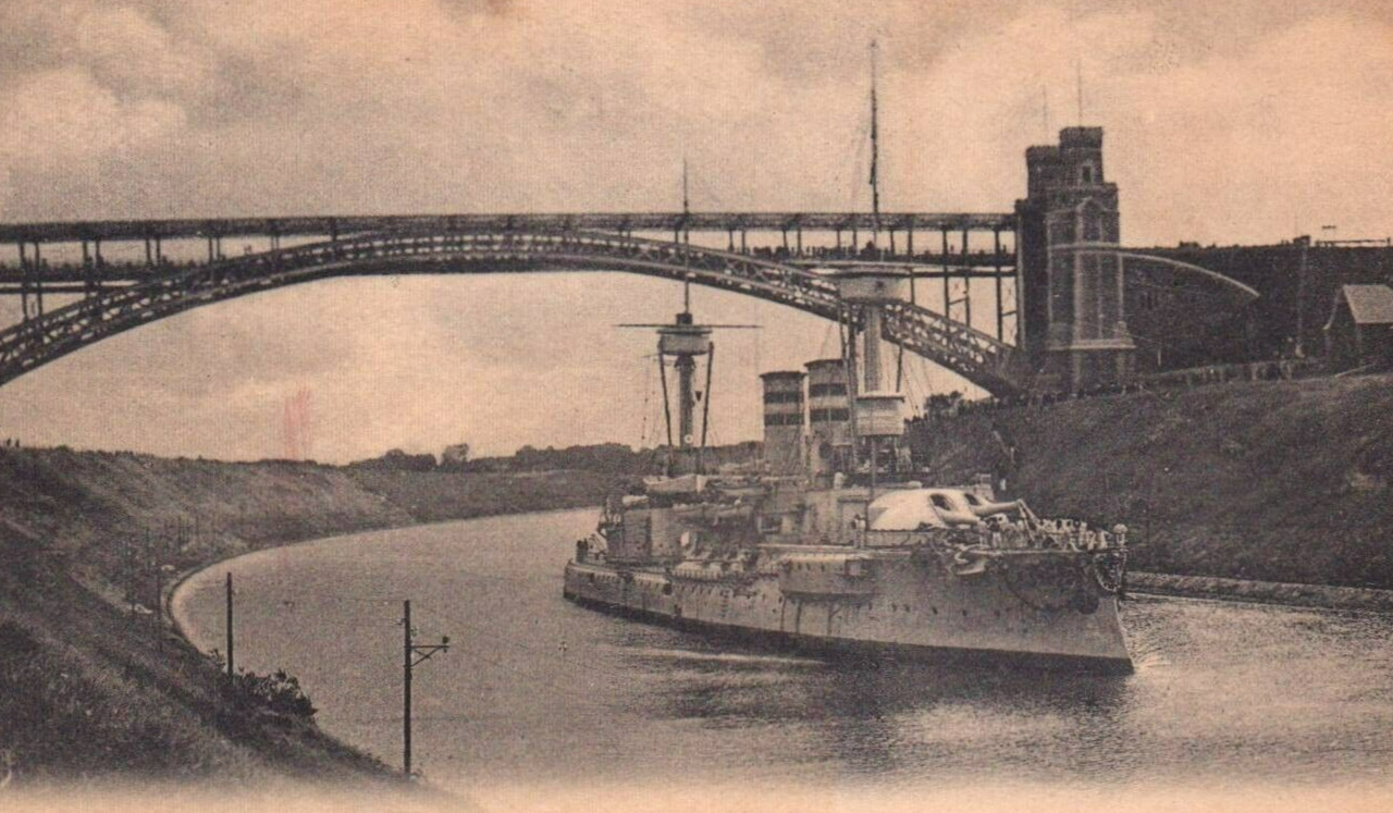 SMS Worth passes Kaiser Wilhelm Canal Bridge German Imperial Navy WWI c.1910s